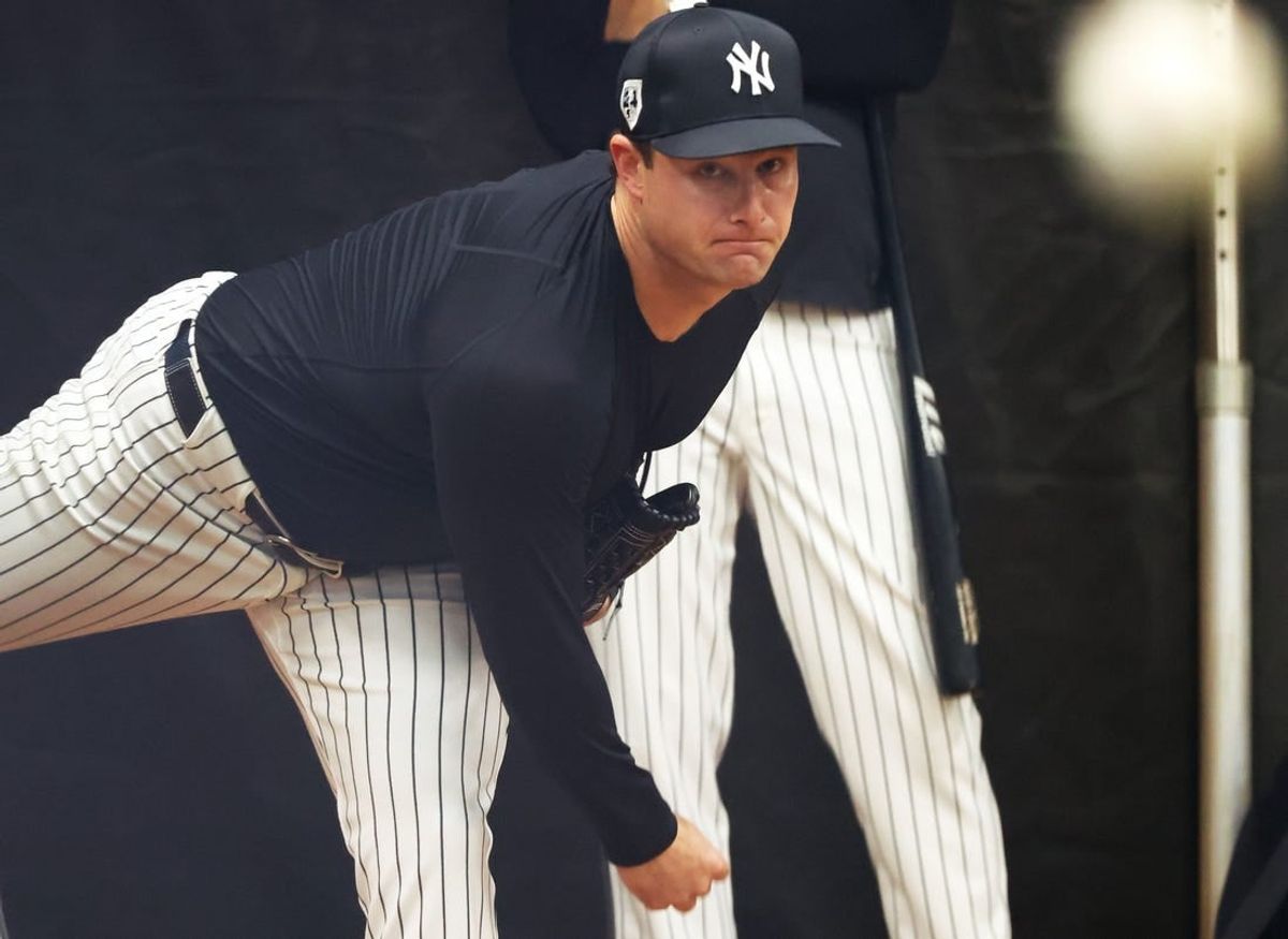 Feb 15, 2024; Tampa, FL, USA; New York Yankees starting pitcher Gerrit Cole (45) throws during a bullpen session during spring training practice at George M. Steinbrenner Field.