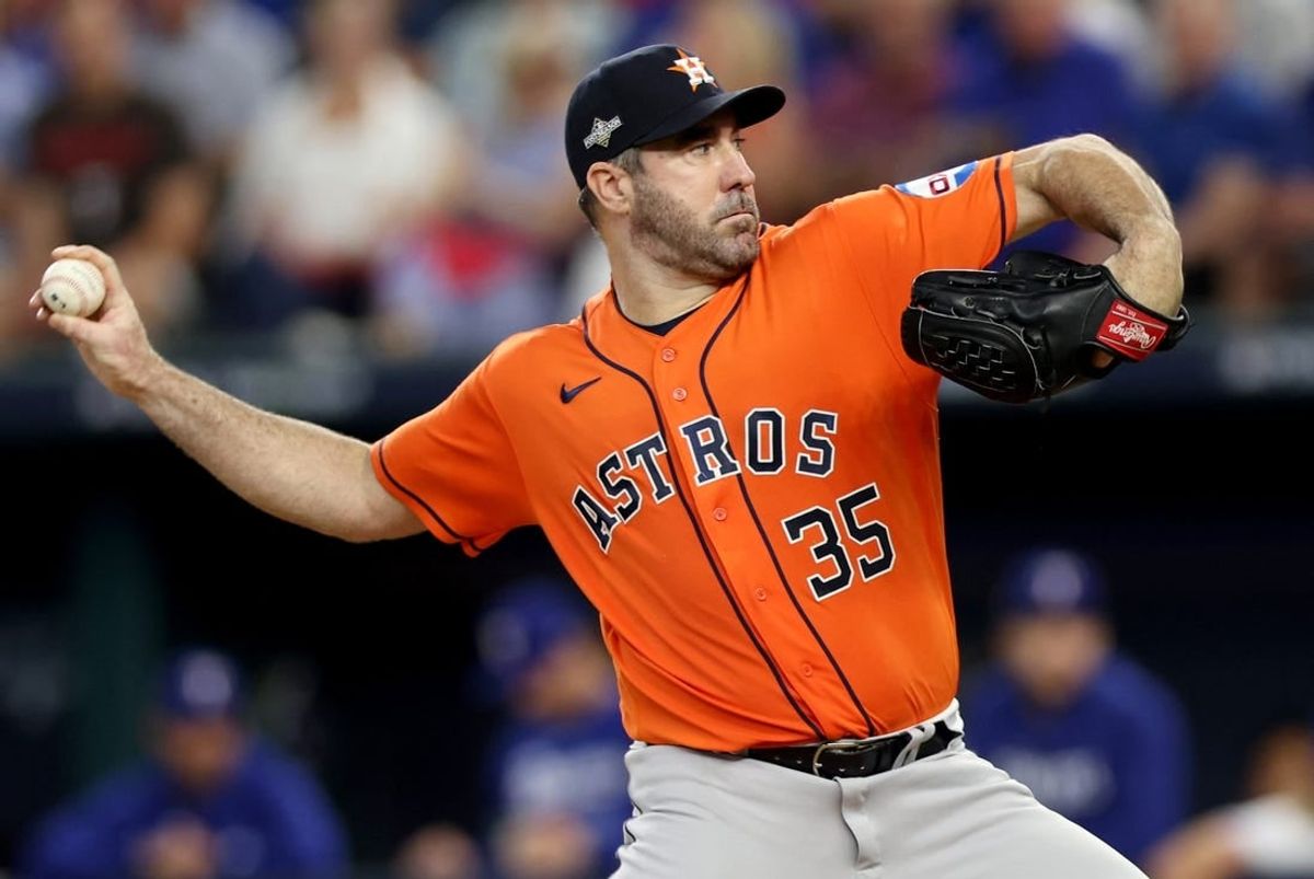 Oct 20, 2023; Arlington, Texas, USA; Houston Astros pitcher Justin Verlander (35) throws during the fifth inning of game five in the ALCS against the Texas Rangers for the 2023 MLB playoffs at Globe Life Field.
