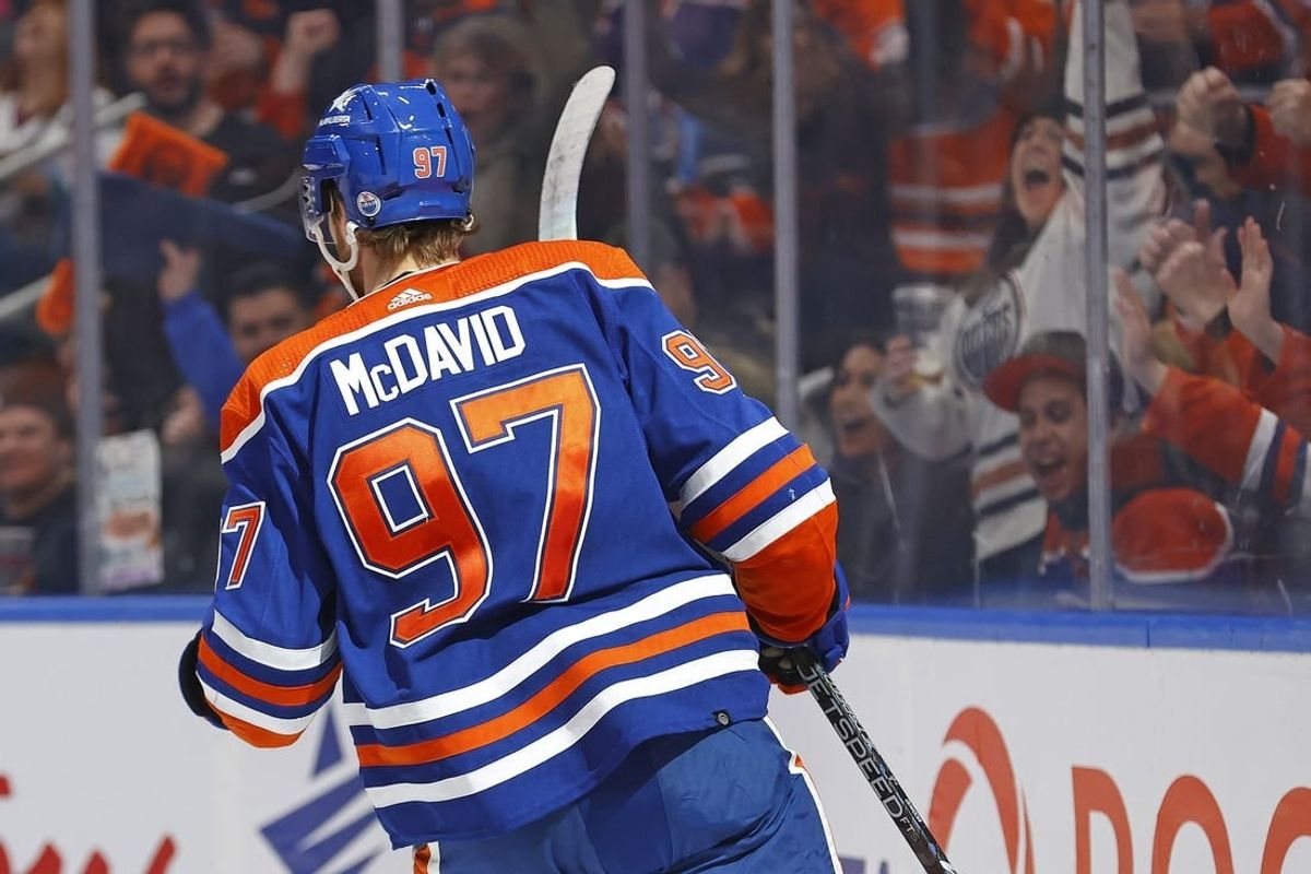 Nov 26, 2023; Edmonton, Alberta, CAN; Edmonton Oilers forward Connor McDavid (97) celebrates after scoring a goal against the Anaheim Ducks during the first period at Rogers Place.