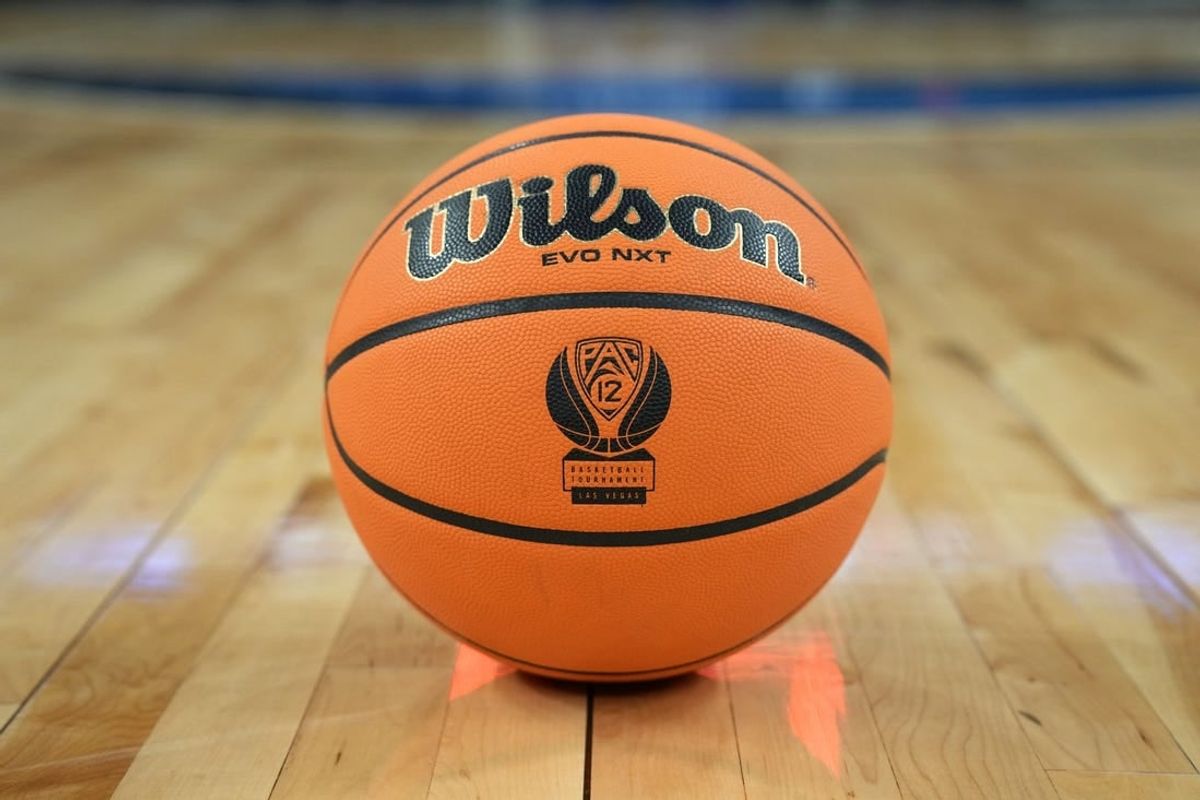 Mar 15, 2024; Las Vegas, NV, USA; A NCAA Wilson evo NXT official game basketball with the Pac-12 Conference logo at T-Mobile Arena.