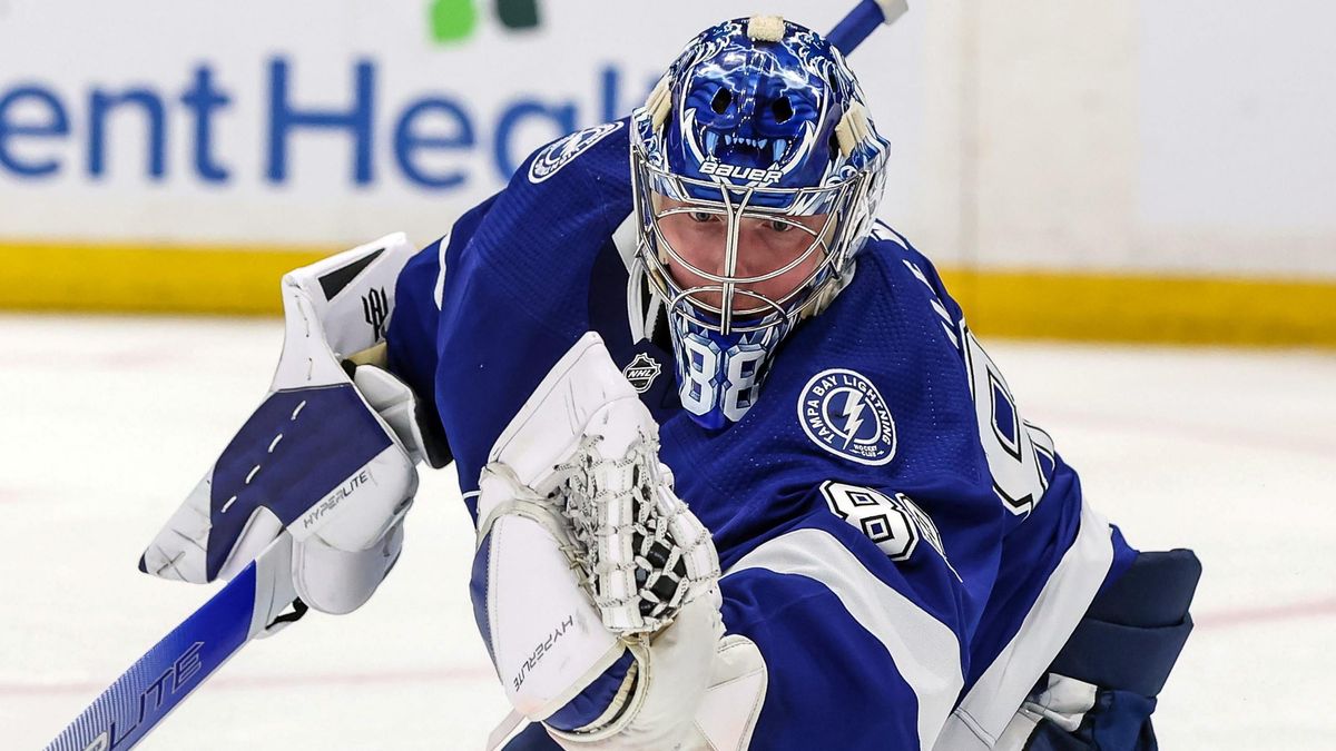 Tampa Bay’s Andrei Vasilevskiy makes a save against the Florida Panthers during the third period in Game Three of the Second Round of the 2022 Stanley Cup Playoffs at Amalie Arena on May 22, 2022 in Tampa, Florida.