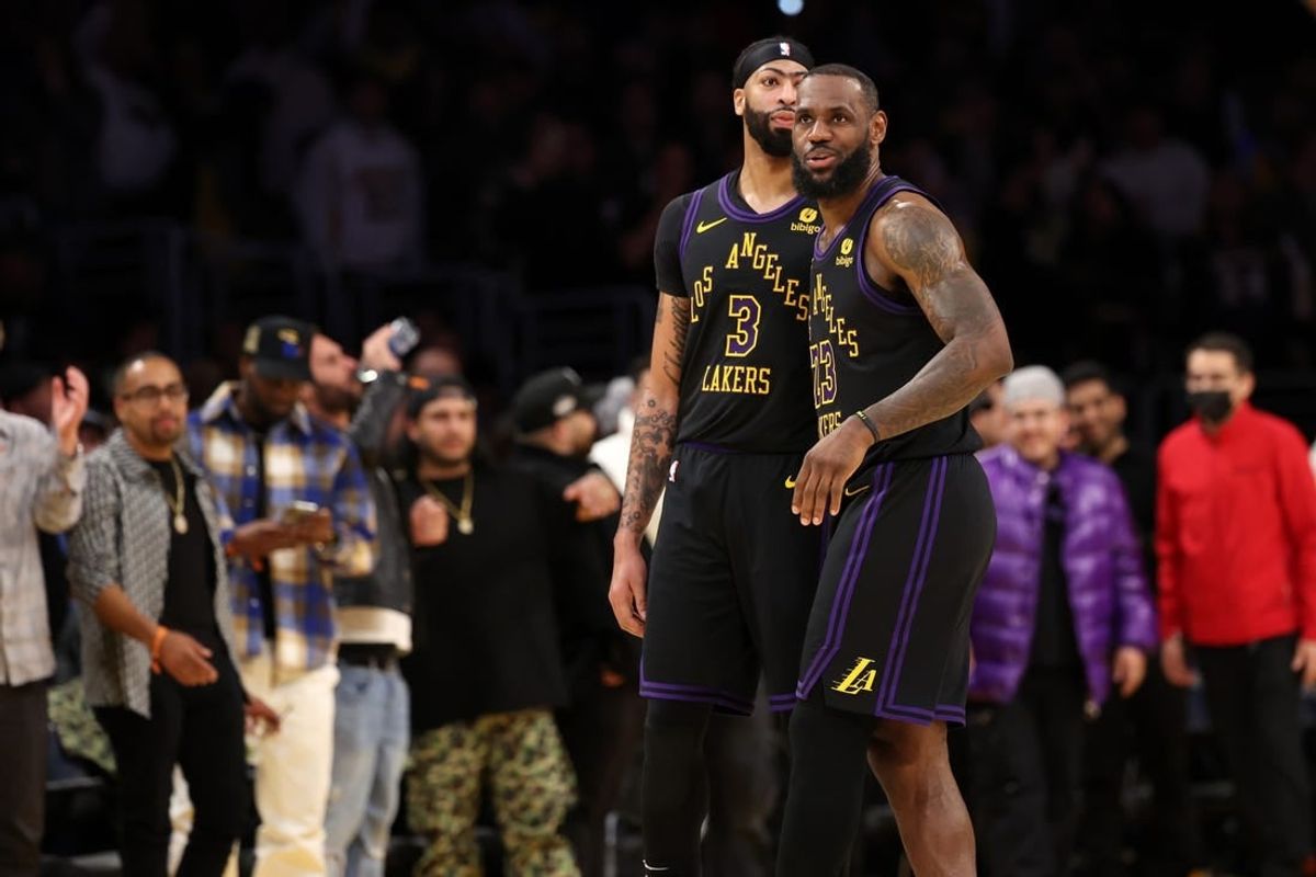 Jan 9, 2024; Los Angeles, California, USA;  Los Angeles Lakers forward LeBron James (23) celebrates a victory with forward Anthony Davis (3) after defeating the Toronto Raptors at Crypto.com Arena.