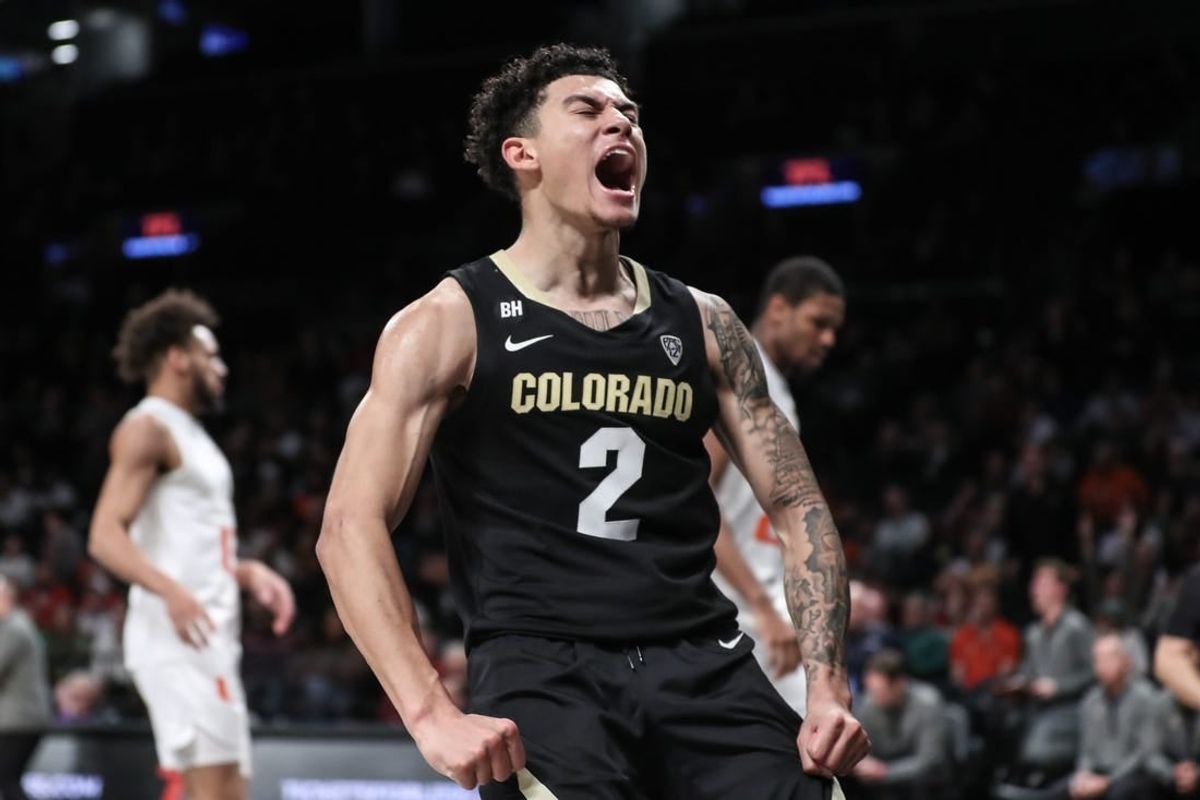 Dec 10, 2023; Brooklyn, New York, USA; Colorado Buffaloes guard KJ Simpson (2) celebrates after scoring in the second half against the Miami (Fl) Hurricanes at Barclays Center.