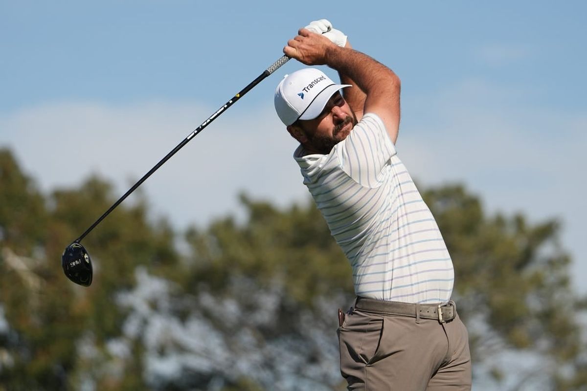 Jan 26, 2024; San Diego, California, USA; Stephan Jaeger hits his tee shot on the second hole during the third round of the Farmers Insurance Open golf tournament at Torrey Pines Municipal Golf Course - South Course.
