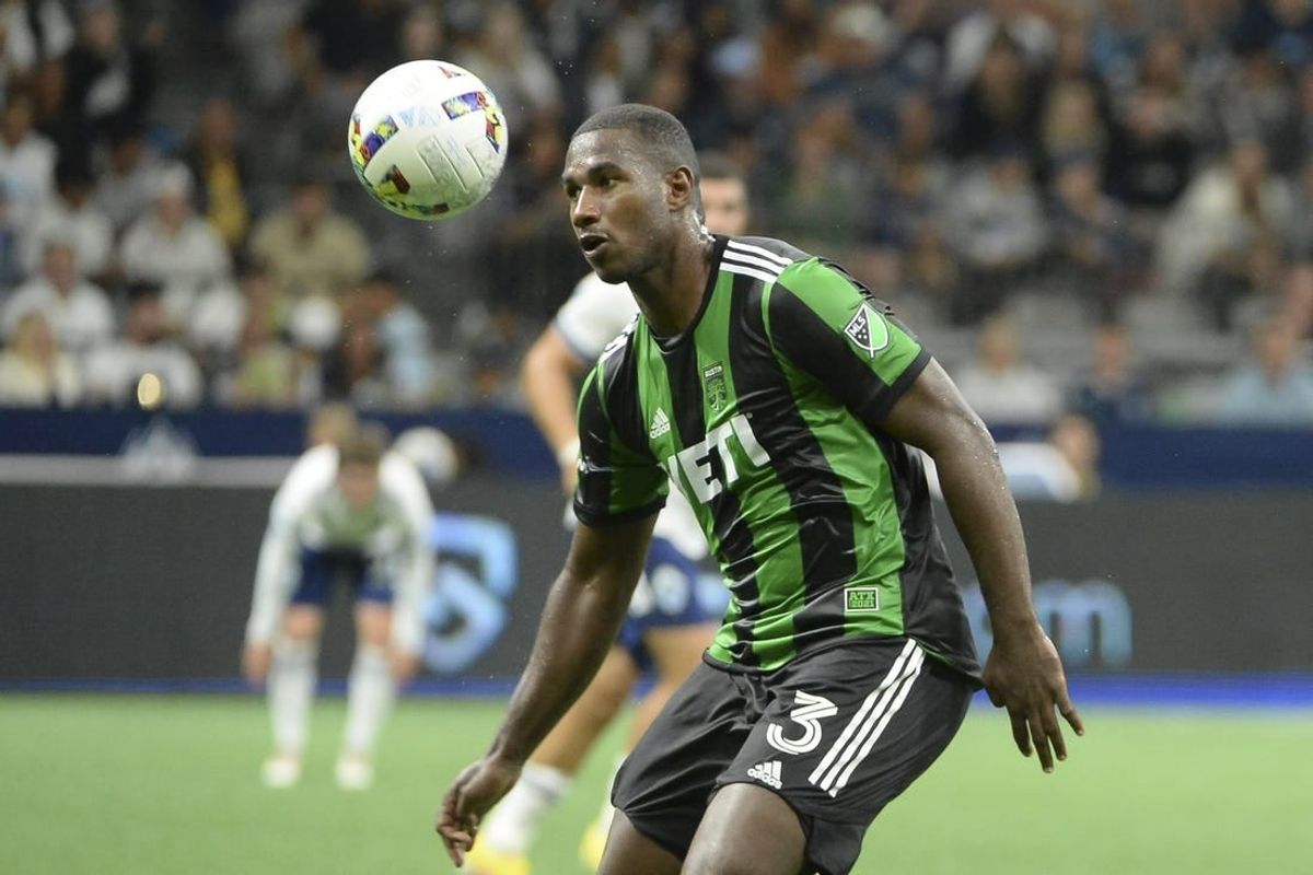 Oct 1, 2022; Vancouver, British Columbia, CAN;  Austin FC defender Jhohan Romana (3) heads the ball during the second half against the Vancouver Whitecaps FC at BC Place.