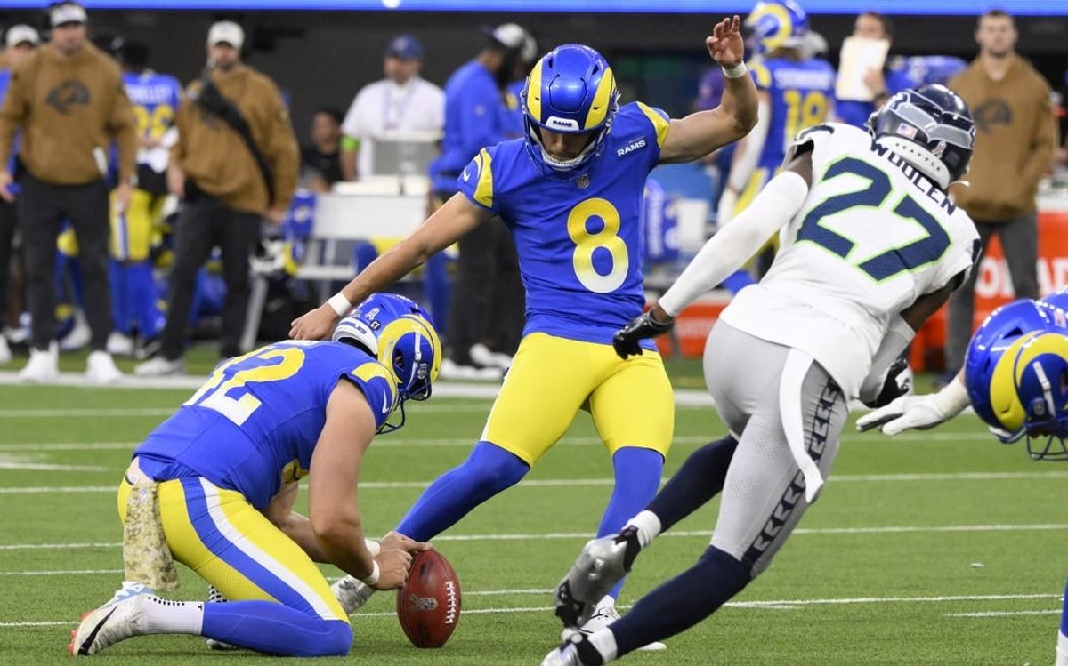 Nov 19, 2023; Inglewood, California, USA; Los Angeles Rams place kicker Lucas Havrisik (8) kicks a field goal in the fourth quarter against the Seattle Seahawks at SoFi Stadium.