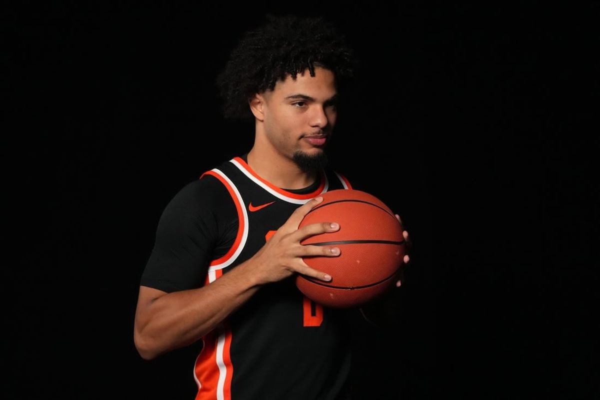Oct 11, 2023; Las Vegas, NV, USA; Oregon State Beavers guard Jordan Pope (0) poses during Pac-12 Media Day at Park MGM Las Vegas Conference Center.