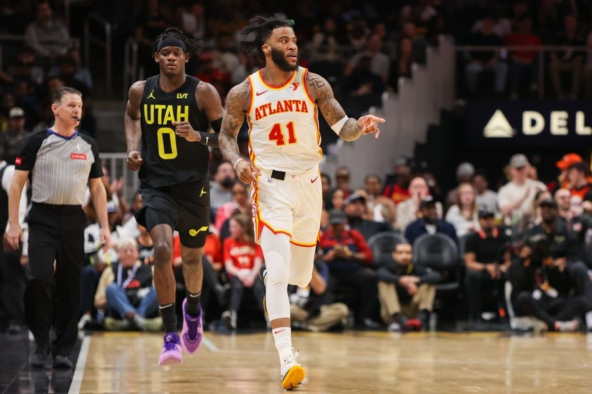 Feb 27, 2024; Atlanta, Georgia, USA; Atlanta Hawks forward Saddiq Bey (41) reacts after a basket against the Utah Jazz in the second half at State Farm Arena.