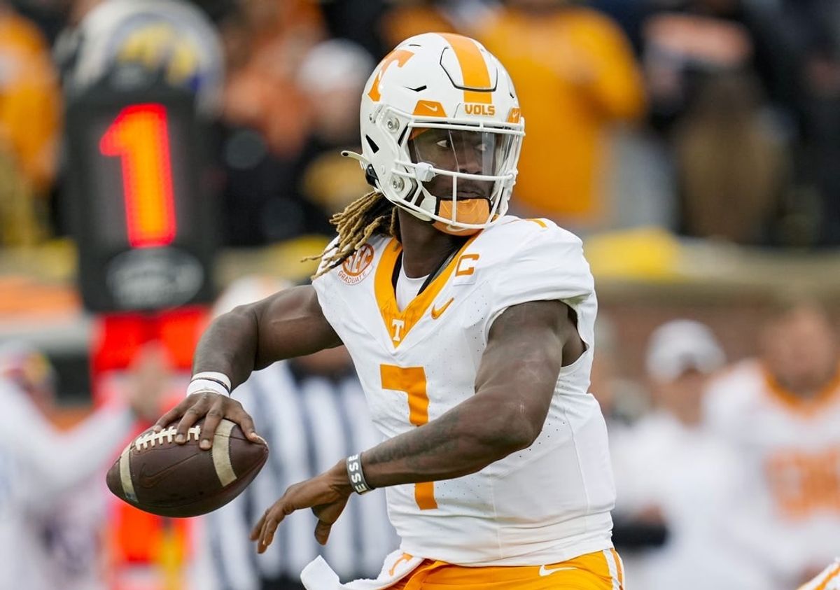 Nov 11, 2023; Columbia, Missouri, USA; Tennessee Volunteers quarterback Joe Milton III (7) throws a pass during the first half against the Missouri Tigers at Faurot Field at Memorial Stadium.