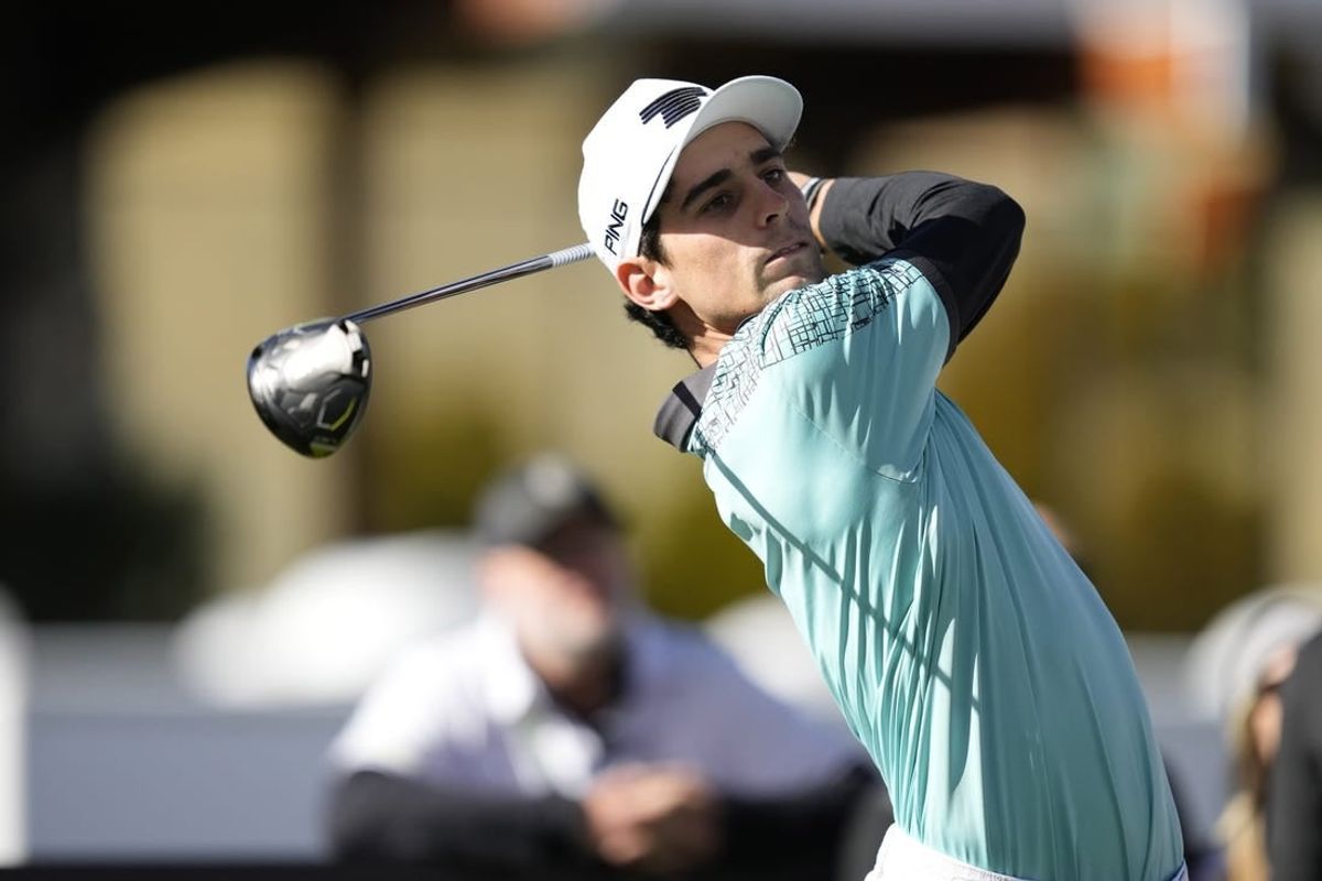 Feb 8, 2024; Las Vegas, Nevada, USA; Joaquin Niemann plays his shot from the first tee during the first round of the LIV Golf Las Vegas tournament at Las Vegas Country Club.