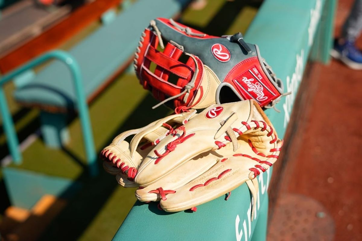 Apr 15, 2024; Boston, Massachusetts, USA; A general view of Cleveland Guardians’ baseball gloves prior to the game against the Boston Red Sox at Fenway Park.