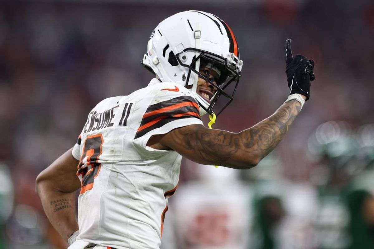 Dec 28, 2023; Cleveland, Ohio, USA; Cleveland Browns cornerback Greg Newsome II (0) celebrates during the first half against the New York Jets at Cleveland Browns Stadium.
