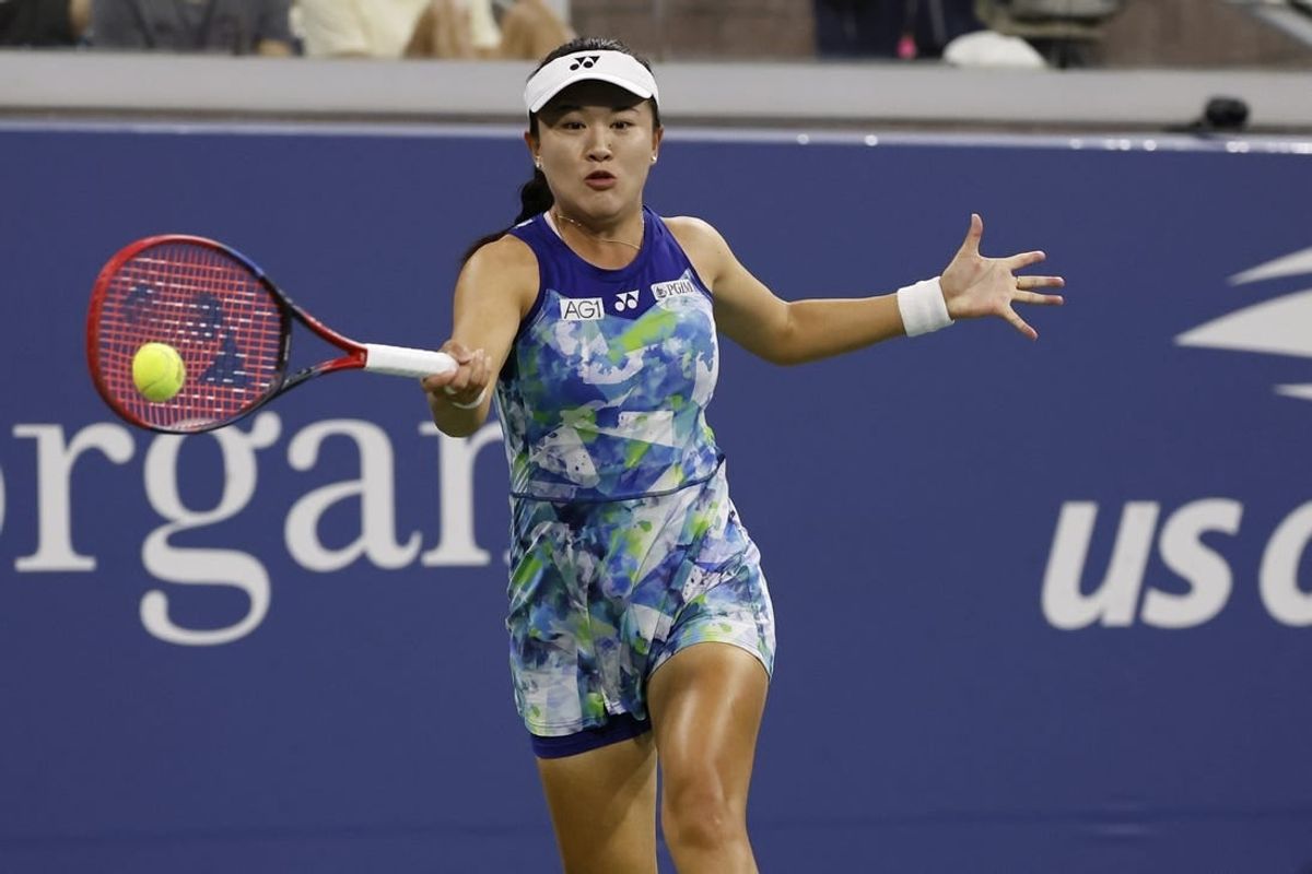 Sep 1, 2023; Flushing, NY, USA; Lin Zhu of China hits a forehand against Belinda Bencic of Switzerland (not pictured) on day five of the 2023 U.S. Open tennis tournament at USTA Billie Jean King National Tennis Center.
