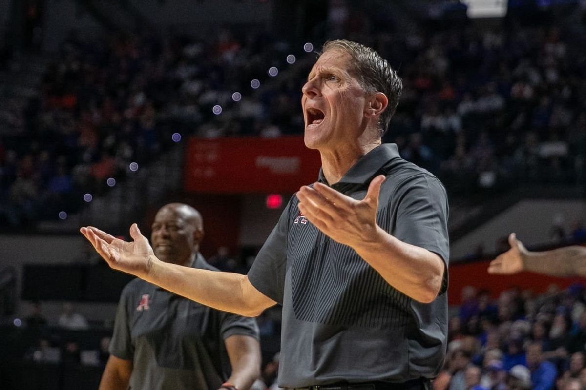 Arkansas head coach Eric Musselman protests a call during the first half of an NCAA basketball game against Florida in Gainesville, FL on Saturday, January 13, 2024. [Alan Youngblood/Gainesville Sun]