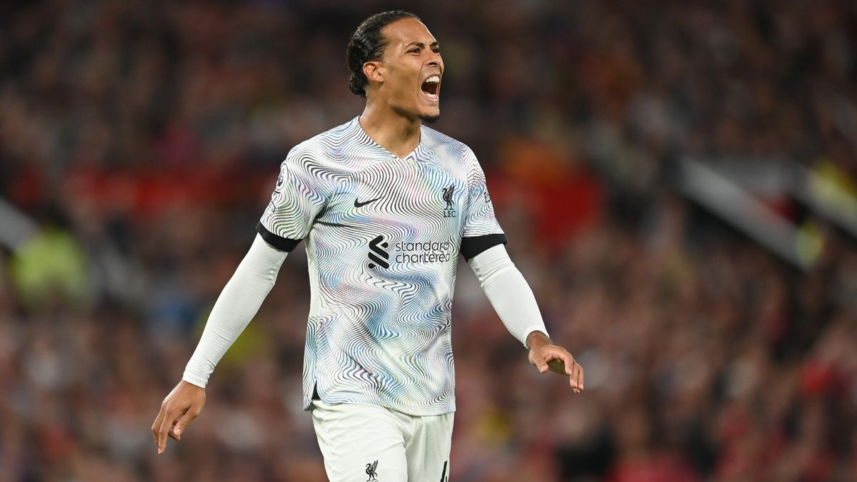 Liverpool’s Virgil  van Dijk in action during the Premier League match between Manchester United and Liverpool FC at Old Trafford on August 22, 2022 in Manchester, England.