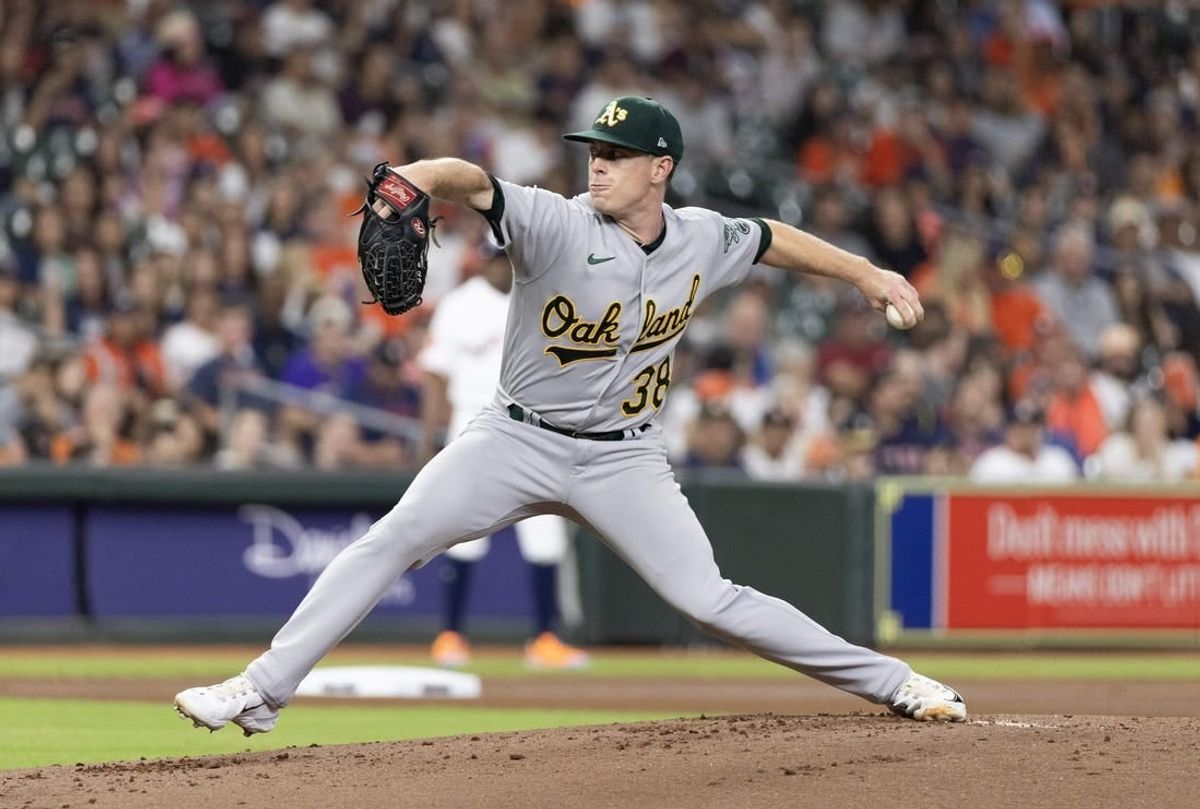 Sep 12, 2023; Houston, Texas, USA; Oakland Athletics starting pitcher JP Sears (38) pitches against the Houston Astros in the first inning at Minute Maid Park.