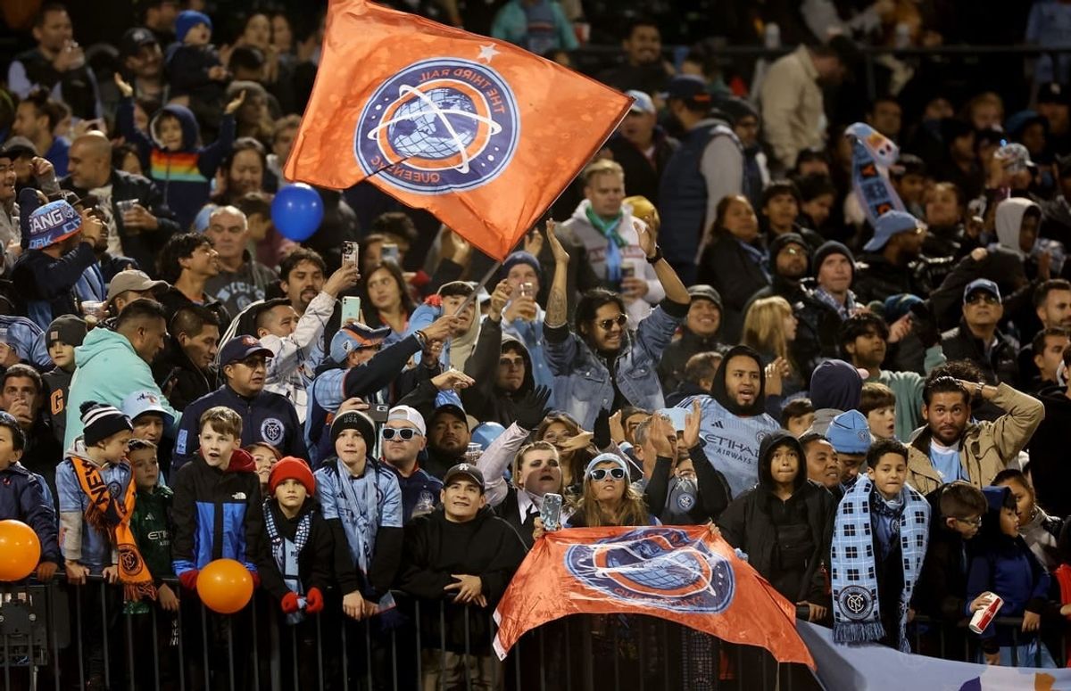 Oct 21, 2023; New York, NY, New York, NY, USA; New York City FC fans celebrate after a goal by forward Julian Fernandez (not pictured) during the second half against the Chicago Fire at Citi Field.