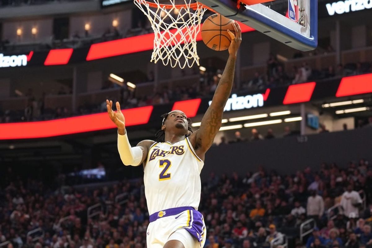 Jan 27, 2024; San Francisco, California, USA; Los Angeles Lakers forward Jarred Vanderbilt (2) scores against the Golden State Warriors during the first quarter at Chase Center.