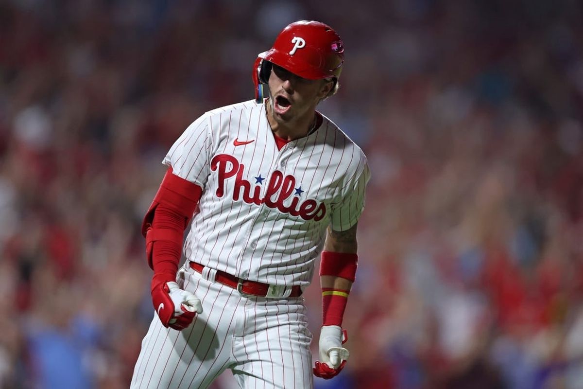Oct 4, 2023; Philadelphia, Pennsylvania, USA; Philadelphia Phillies second baseman Bryson Stott (5) reacts after hitting  a grand slam against the Miami Marlins during the sixth inning for game two of the Wildcard series for the 2023 MLB playoffs at Citizens Bank Park.
