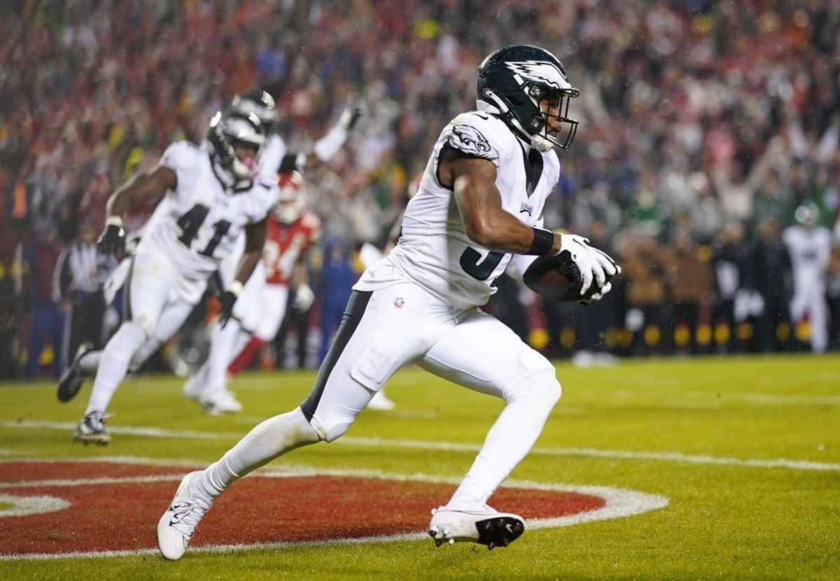 Nov 20, 2023; Kansas City, Missouri, USA; Philadelphia Eagles safety Kevin Byard (31) intercepts a pass during the first half against the Kansas City Chiefs at GEHA Field at Arrowhead Stadium.