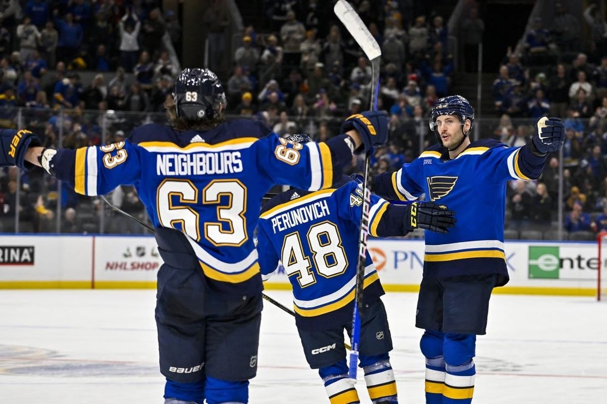 Dec 27, 2023; St. Louis, Missouri, USA;  St. Louis Blues defenseman Marco Scandella (6) celebrates with defenseman Scott Perunovich (48) and left wing Jake Neighbours (63) after scoring against the Dallas Stars during the second period at Enterprise Center.