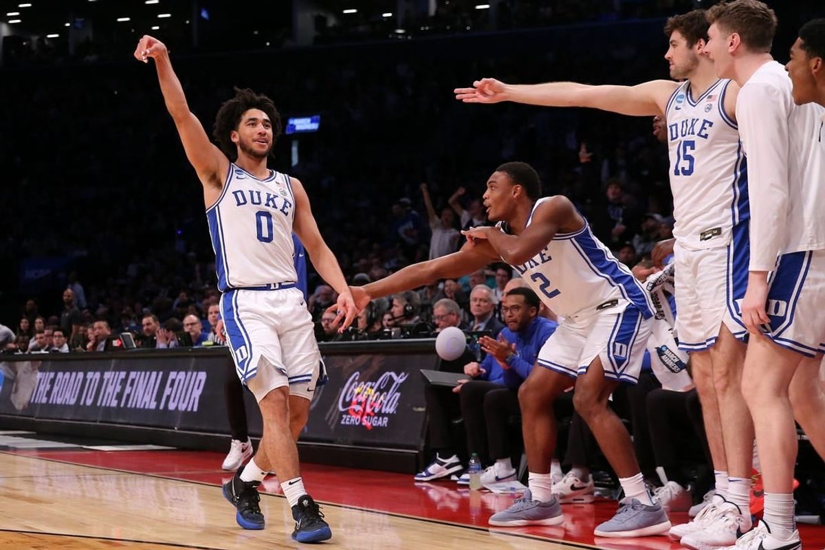 Mar 24, 2024; Brooklyn, NY, USA; Duke Blue Devils guard Jared McCain (0) reacts against the James Madison Dukes in the second round of the 2024 NCAA Tournament  at Barclays Center.