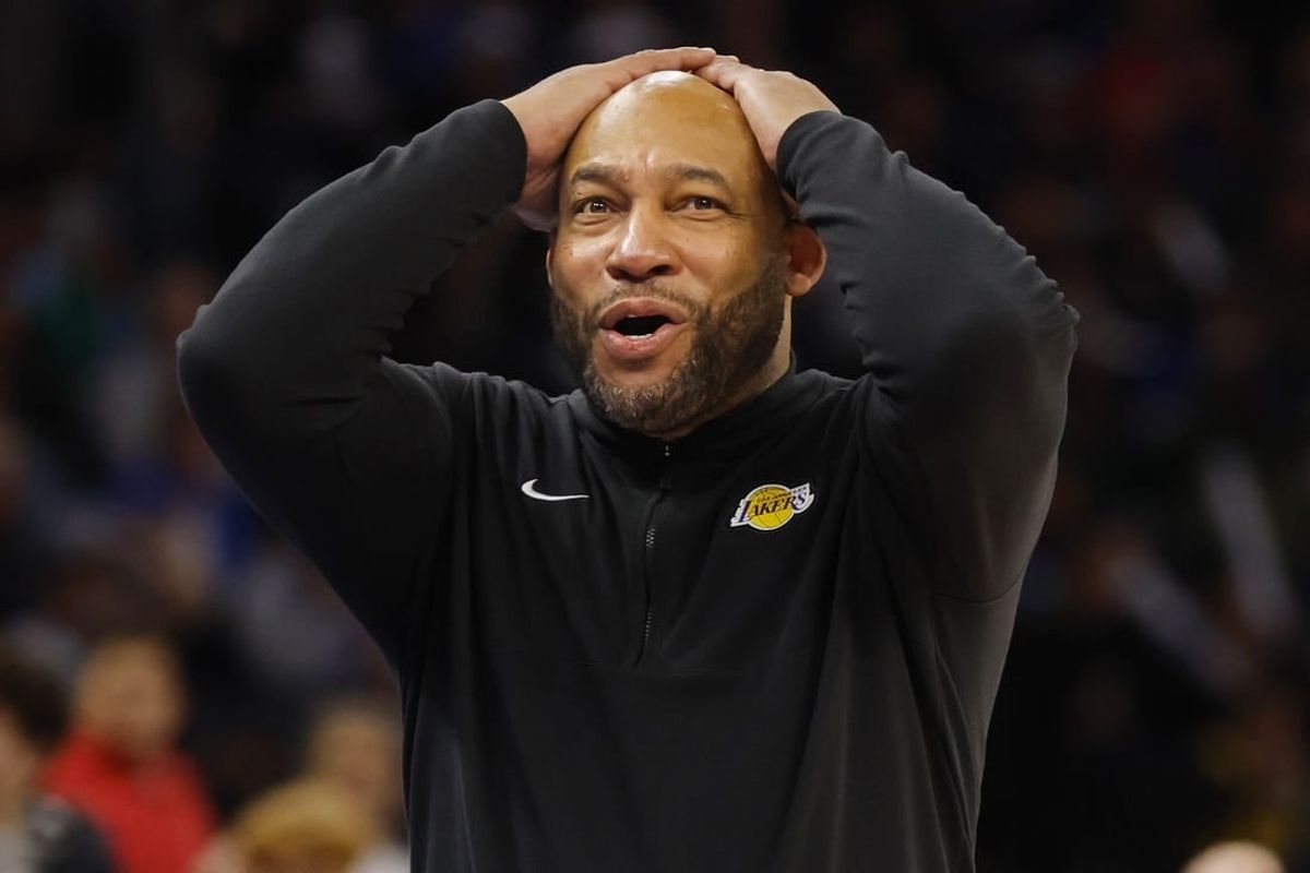 Dec 30, 2023; Minneapolis, Minnesota, USA; Los Angeles Lakers head coach Darvin Ham reacts to call by a referee for the Minnesota Timberwolves in the third quarter at Target Center.