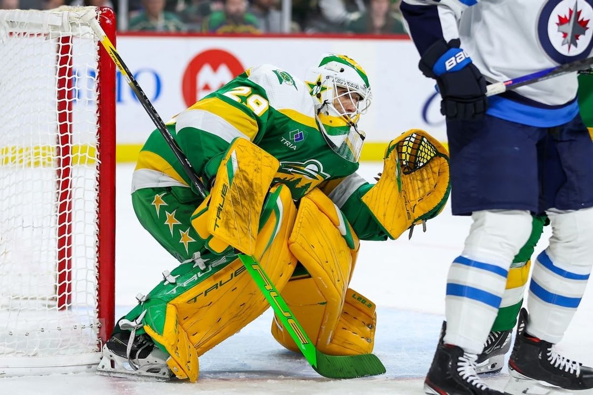 Dec 31, 2023; Saint Paul, Minnesota, USA; Minnesota Wild goaltender Marc-Andre Fleury (29) defends his net against the Winnipeg Jets during the third period at Xcel Energy Center.