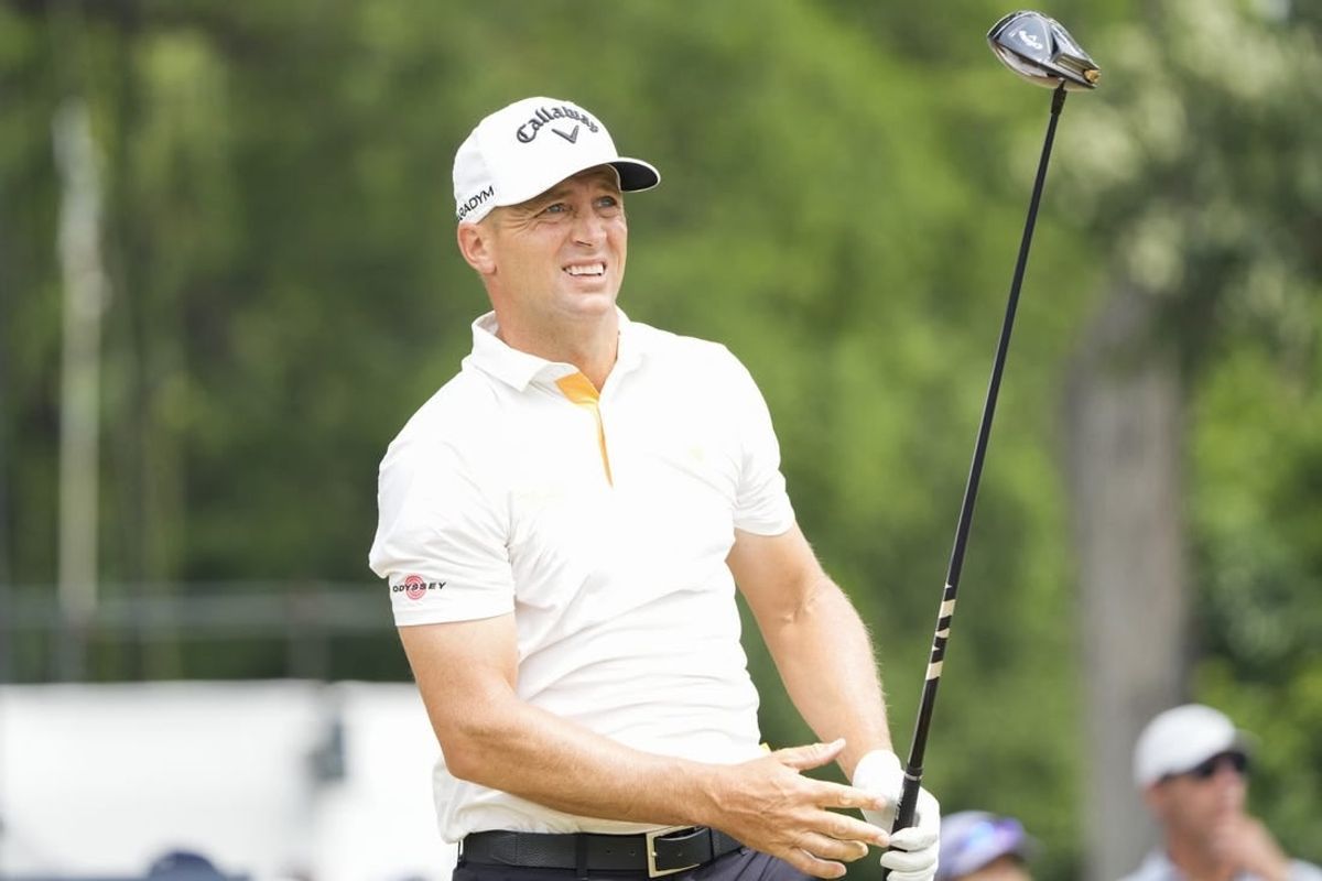 May 27, 2023; Fort Worth, Texas, USA; Alex Noren watches his shot from the third tee during the third round of the Charles Schwab Challenge golf tournament.