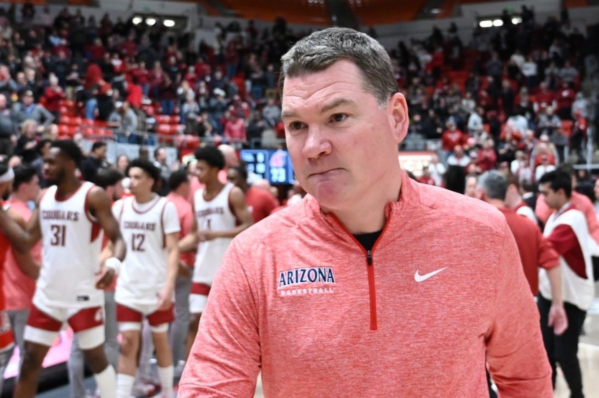 Jan 13, 2024; Pullman, Washington, USA; Arizona Wildcats head coach Tommy Lloyd walks off the court after a game against the Washington State Cougars at Friel Court at Beasley Coliseum.