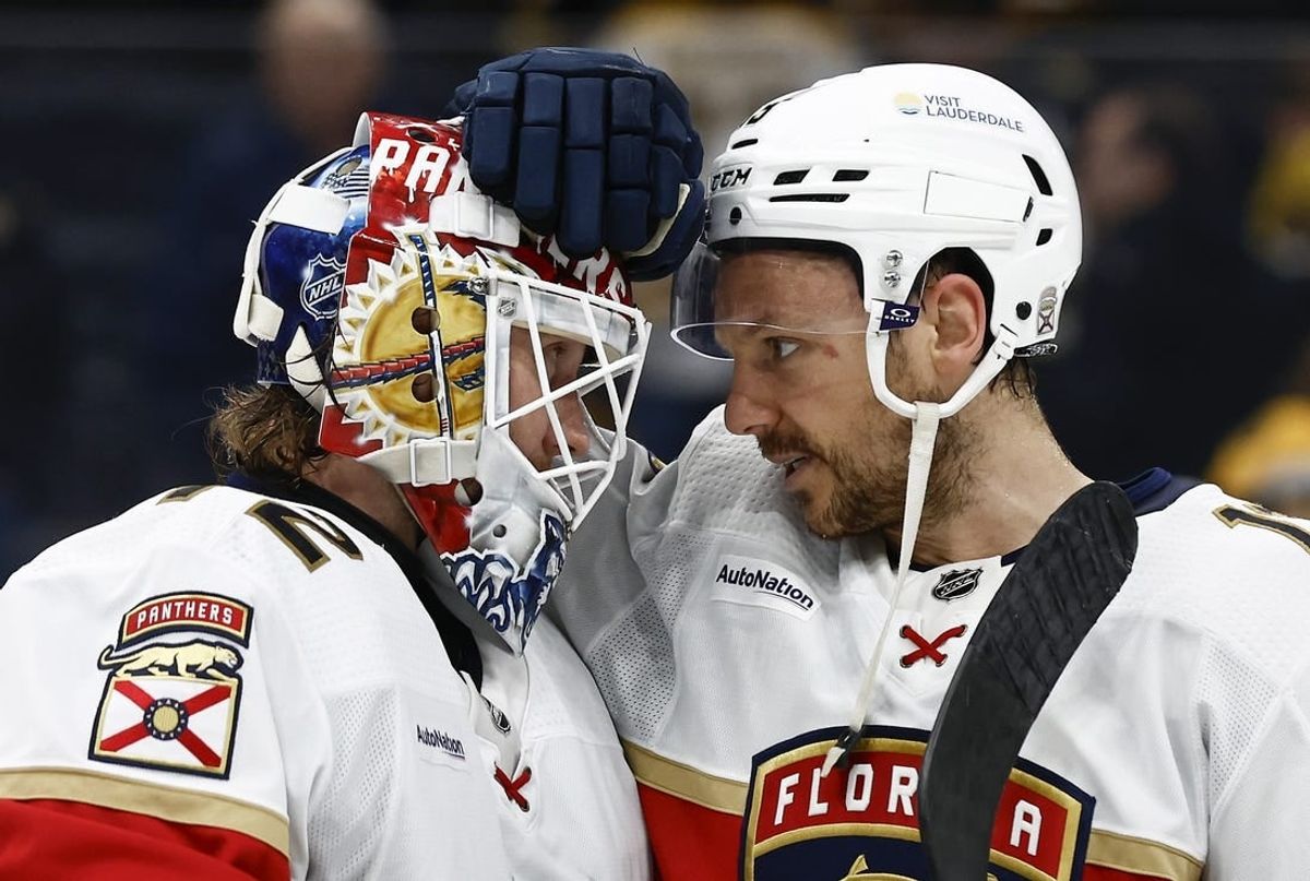 May 10, 2024; Boston, Massachusetts, USA; Florida Panthers center Sam Reinhart (13) congratulates goaltender Sergei Bobrovsky (72) after they defeated the Boston Bruins 6-2 in game three of the second round of the 2024 Stanley Cup Playoffs at TD Garden.