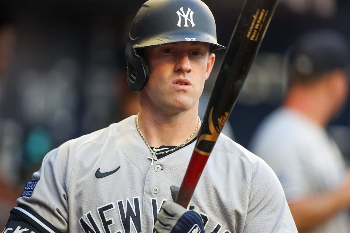 Aug 16, 2023; Atlanta, Georgia, USA; New York Yankees left fielder Billy McKinney (57) prepares for an at bat against the Atlanta Braves in the first inning at Truist Park.