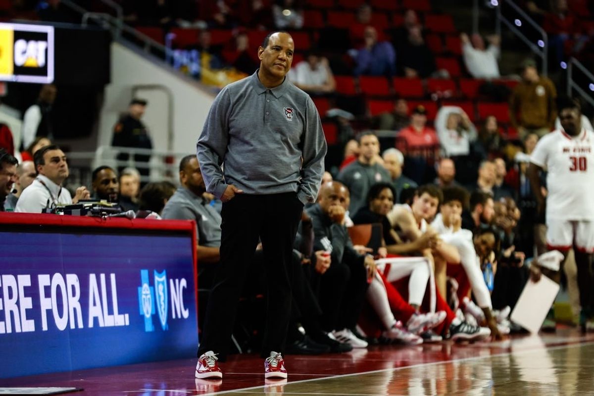 Jan 30, 2024; Raleigh, North Carolina, USA; North Carolina State Wolfpack head coach Kevin Keatts looks on during the second half against Miami (Fl) Hurricanes at PNC Arena.
