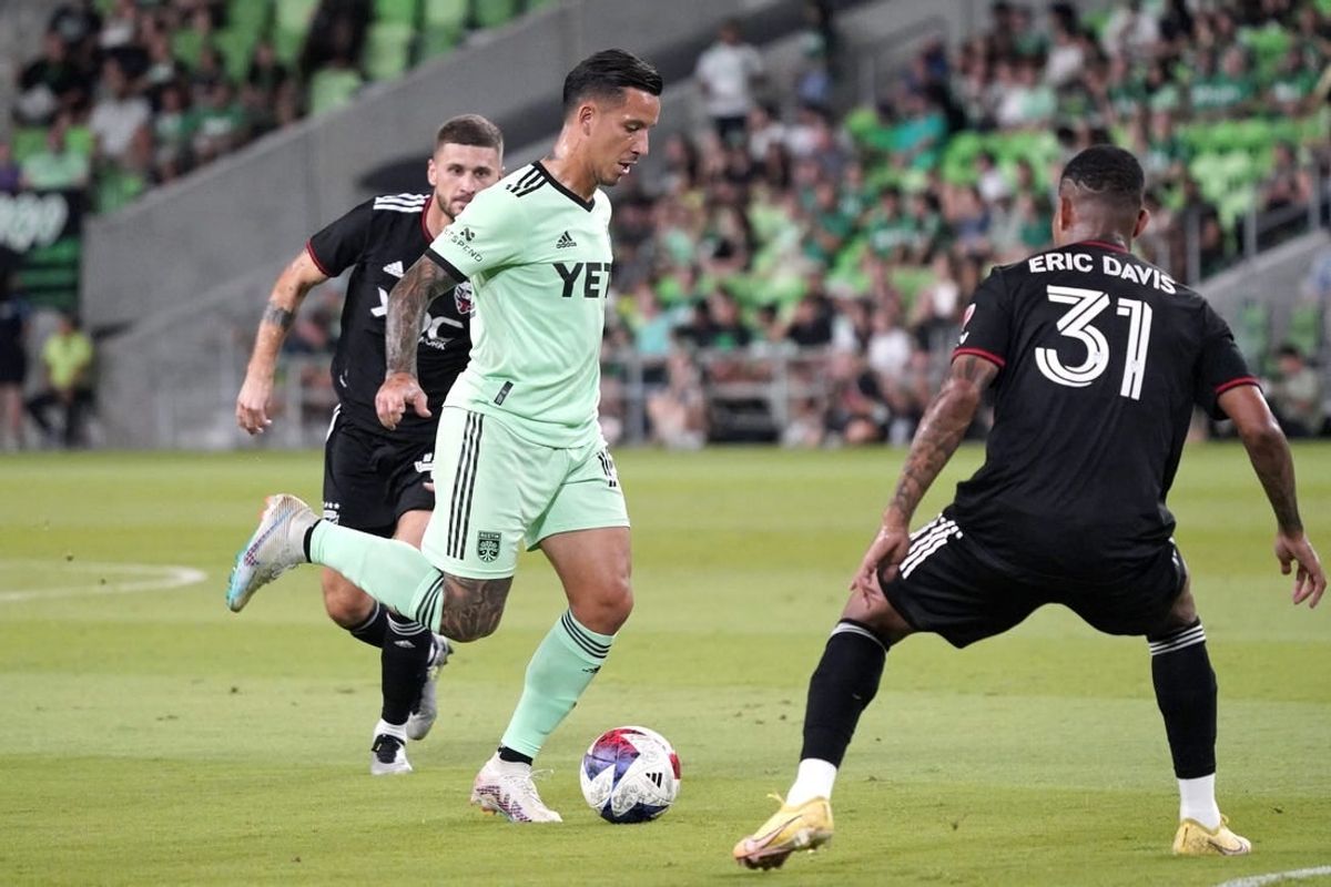 Oct 4, 2023; Austin, Texas, USA; Austin FC midfielder Sebastian Driussi (10) kicks the ball in the first half of the game against D.C. United at Q2 Stadium.