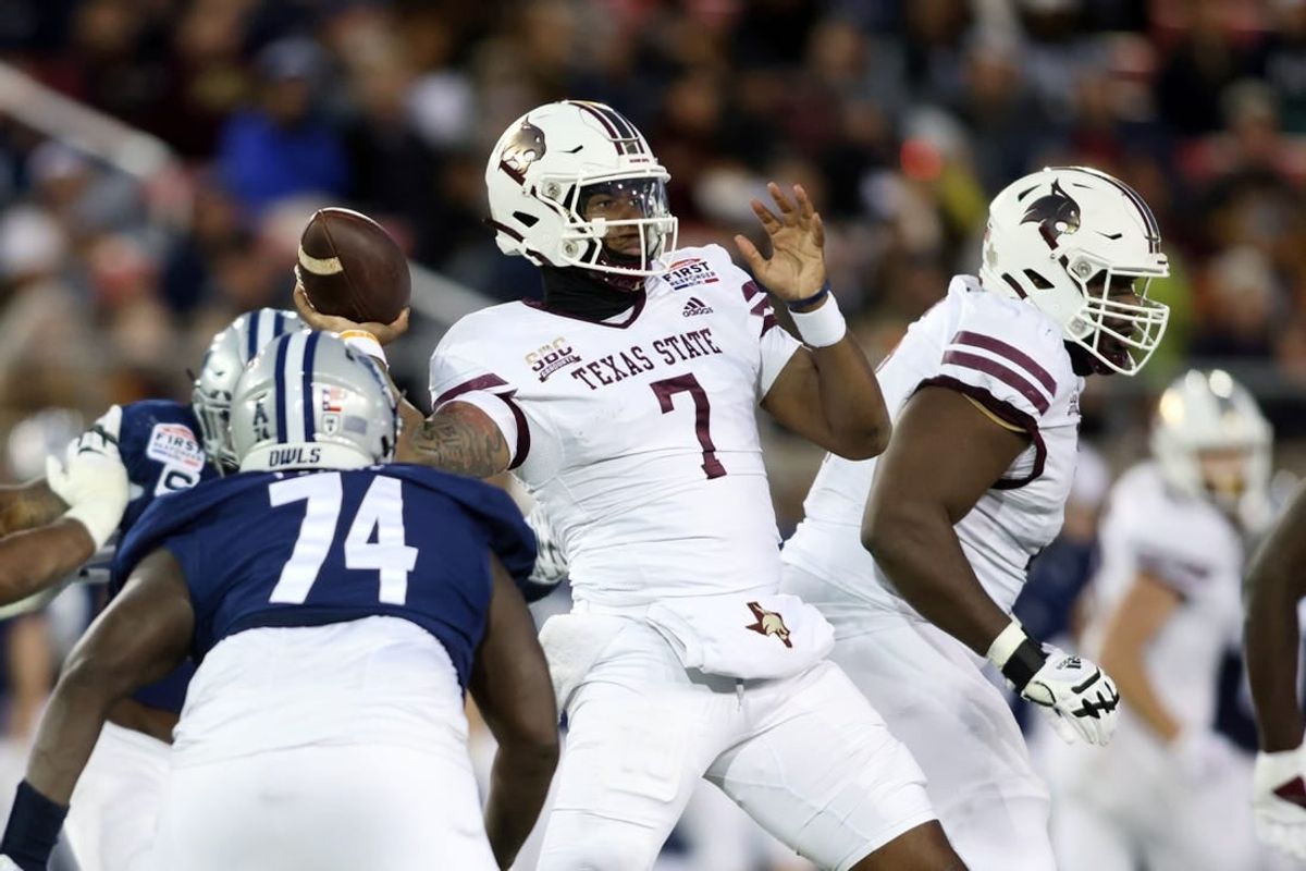 Dec 26, 2023; Dallas, TX, USA; Texas State Bobcats quarterback TJ Finley (7) throws a pass against the Rice Owls in the second quarter at Gerald J Ford Stadium.