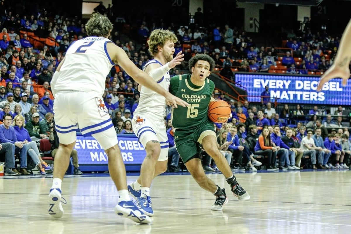 Jan 9, 2024; Boise, Idaho, USA; Colorado State Rams guard Jalen Lake (15) drives the ball against against the Boise State Broncos during the first half at ExtraMile Arena.