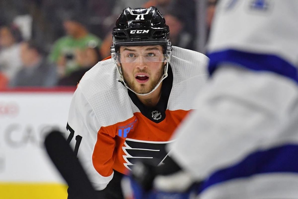 Feb 27, 2024; Philadelphia, Pennsylvania, USA; Philadelphia Flyers right wing Tyson Foerster (71) against the Tampa Bay Lightning at Wells Fargo Center.