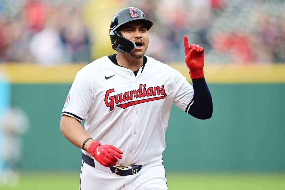 Apr 9, 2024; Cleveland, Ohio, USA; Cleveland Guardians first baseman Josh Naylor (22) rounds the bases after hitting a home run during the first inning against the Chicago White Sox at Progressive Field.