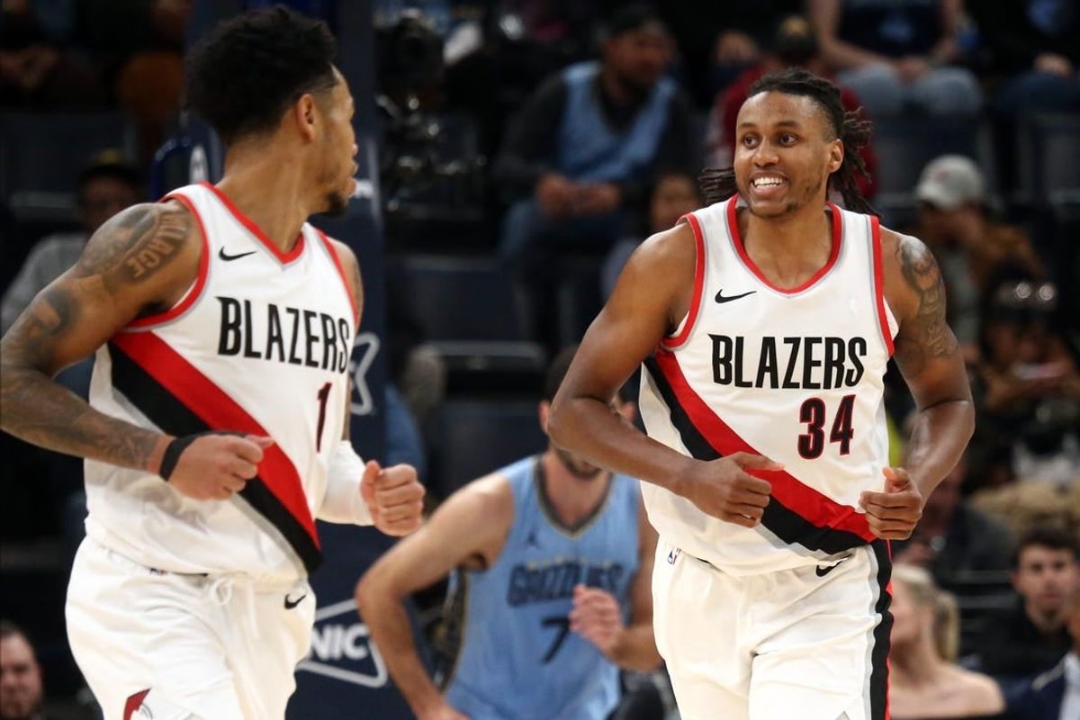 Mar 2, 2024; Memphis, Tennessee, USA; Portland Trail Blazers forward Jabari Walker (34) reacts during over time against the Memphis Grizzlies at FedExForum.