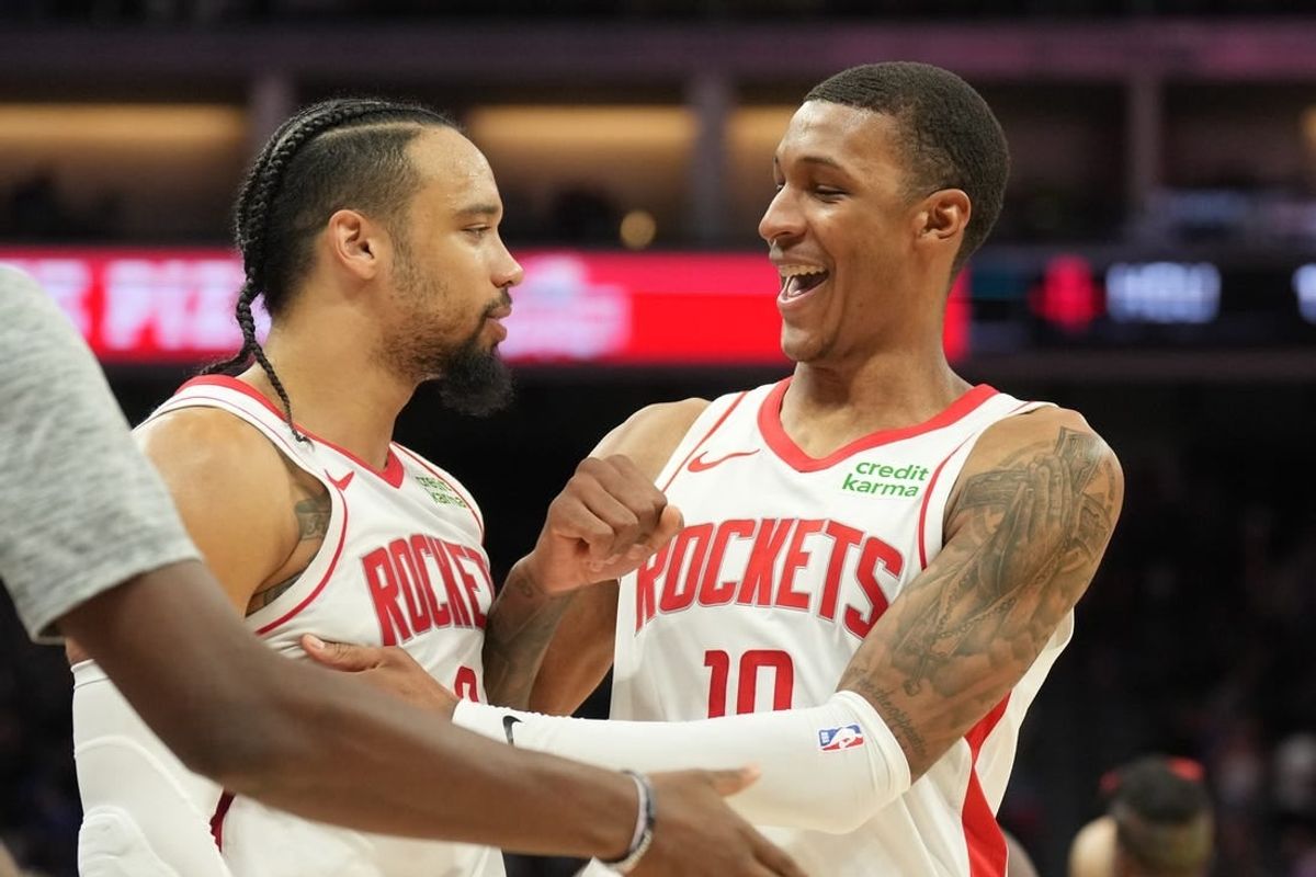 Mar 10, 2024; Sacramento, California, USA; Houston Rockets forwards Dillon Brooks (left) and Jabari Smith Jr. (right) celebrate after defeating the Sacramento Kings at Golden 1 Center.