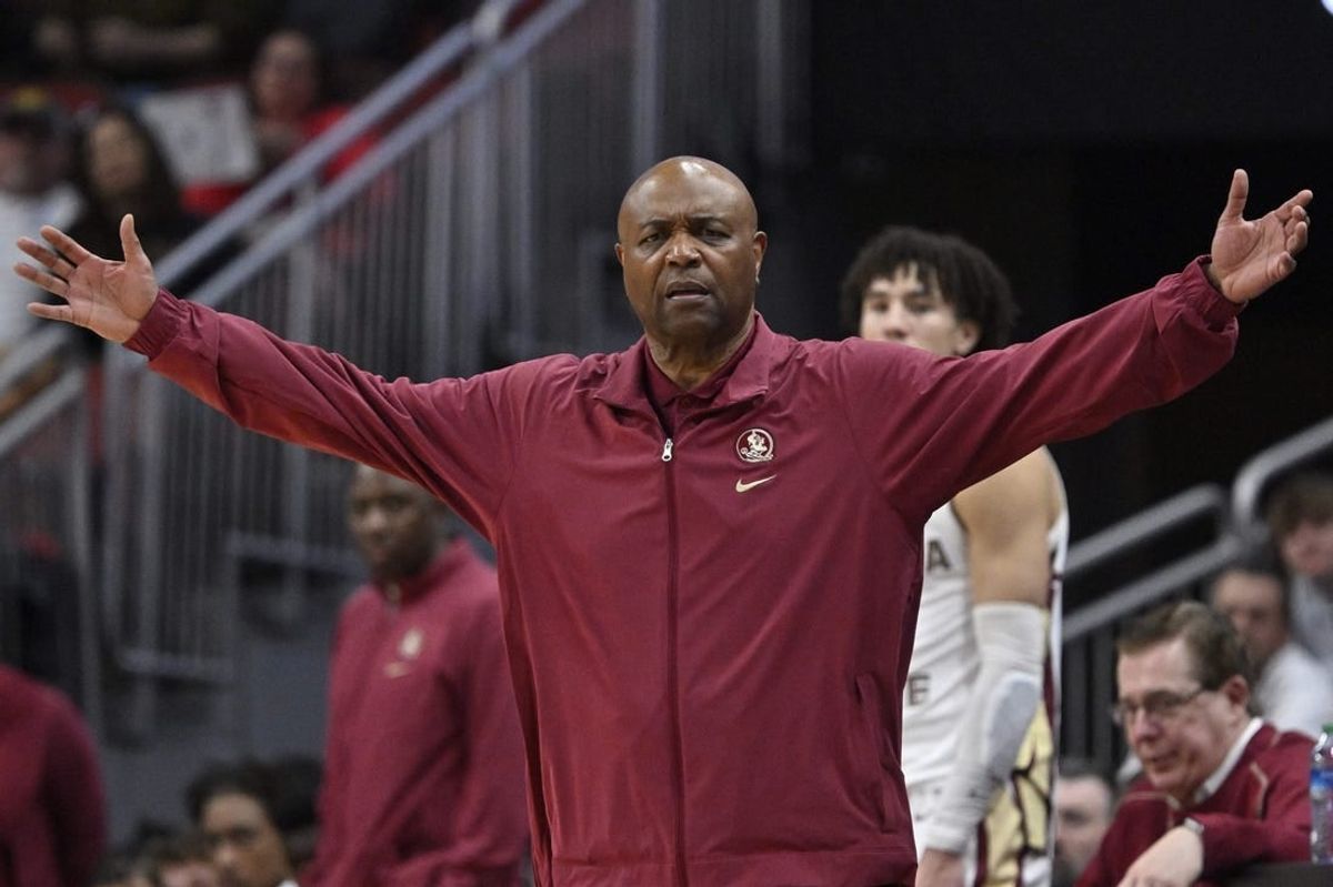 Feb 3, 2024; Louisville, Kentucky, USA; Florida State Seminoles head coach Leonard Hamilton reacts to a call during the second half against the Louisville Cardinals at KFC Yum! Center. Louisville defeated Florida State 101-92.