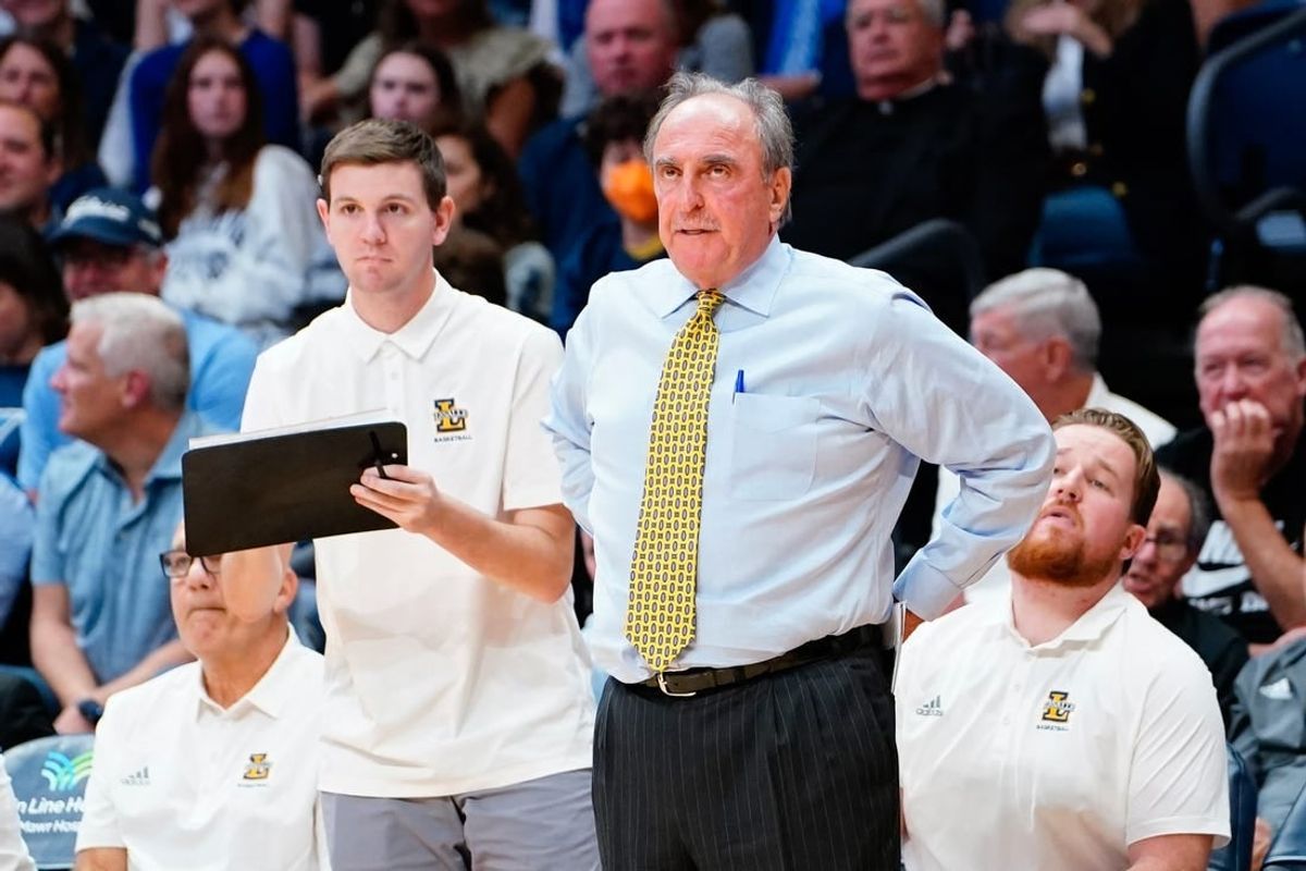 Nov 7, 2022; Villanova, Pennsylvania, USA; La Salle Explorers head coach Fran Dunphy looks on from the bench during the second half against the Villanova Wildcats at William B. Finneran Pavilion.