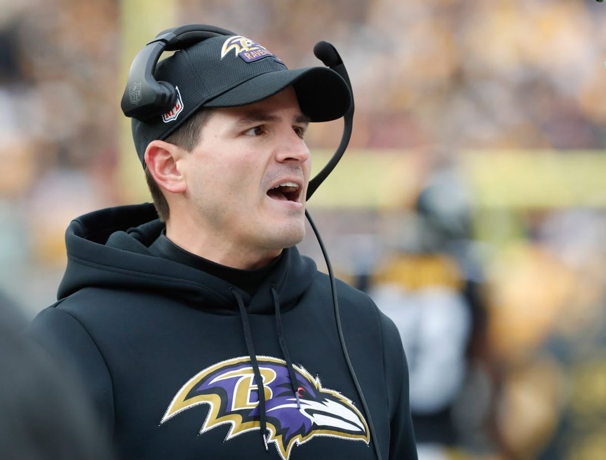 Dec 11, 2022; Pittsburgh, Pennsylvania, USA;  Baltimore Ravens defensive coordinator Mike Macdonald reacts on the sidelines against the Pittsburgh Steelers during the second quarter at Acrisure Stadium.