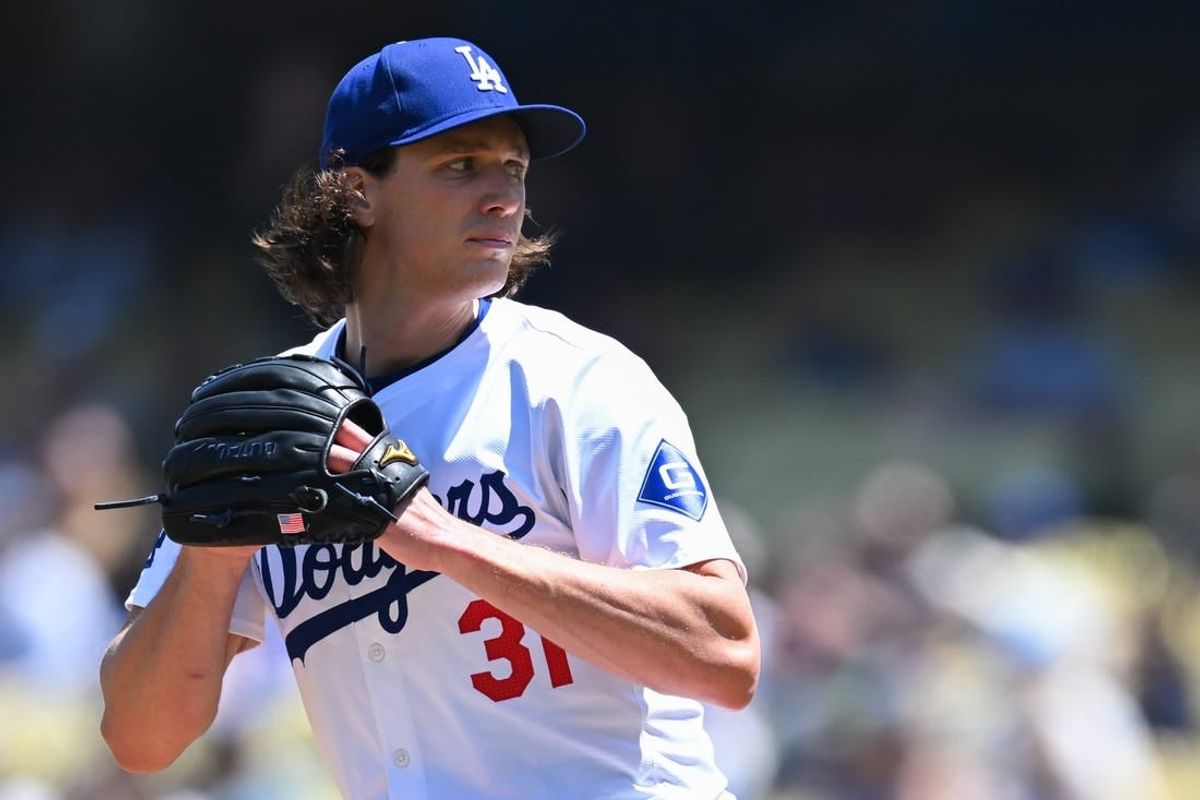 Apr 21, 2024; Los Angeles, California, USA; Los Angeles Dodgers pitcher Tyler Glasnow (31) throws a pitch against the New York Mets during the first inning at Dodger Stadium.
