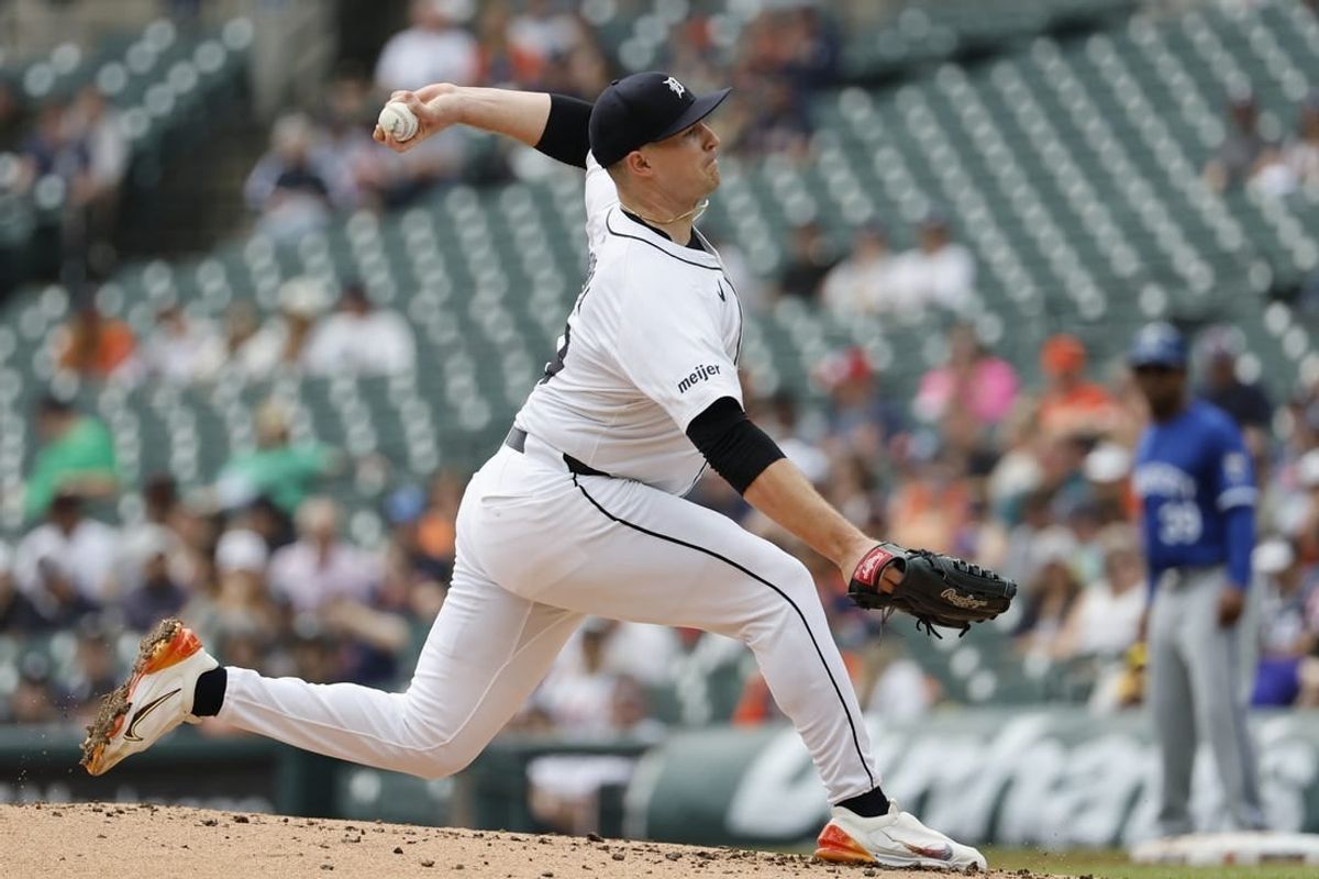 Apr 28, 2024; Detroit, Michigan, USA;  Detroit Tigers starting pitcher Tarik Skubal (29) pitches in the second inning against the Kansas City Royals at Comerica Park.