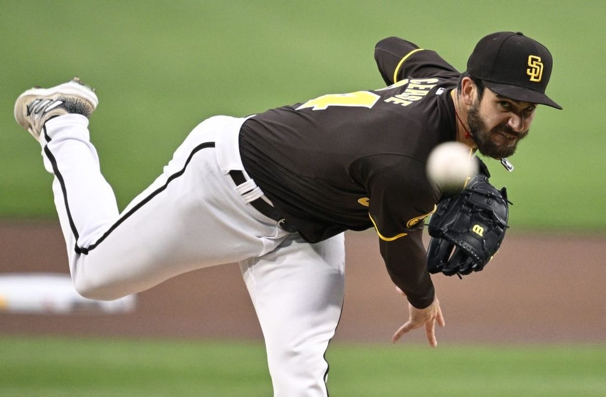 Mar 25, 2024; San Diego, California, USA; San Diego Padres starting pitcher Dylan Cease (84) throws a pitch against the Seattle Mariners during the first inning at Petco Park.