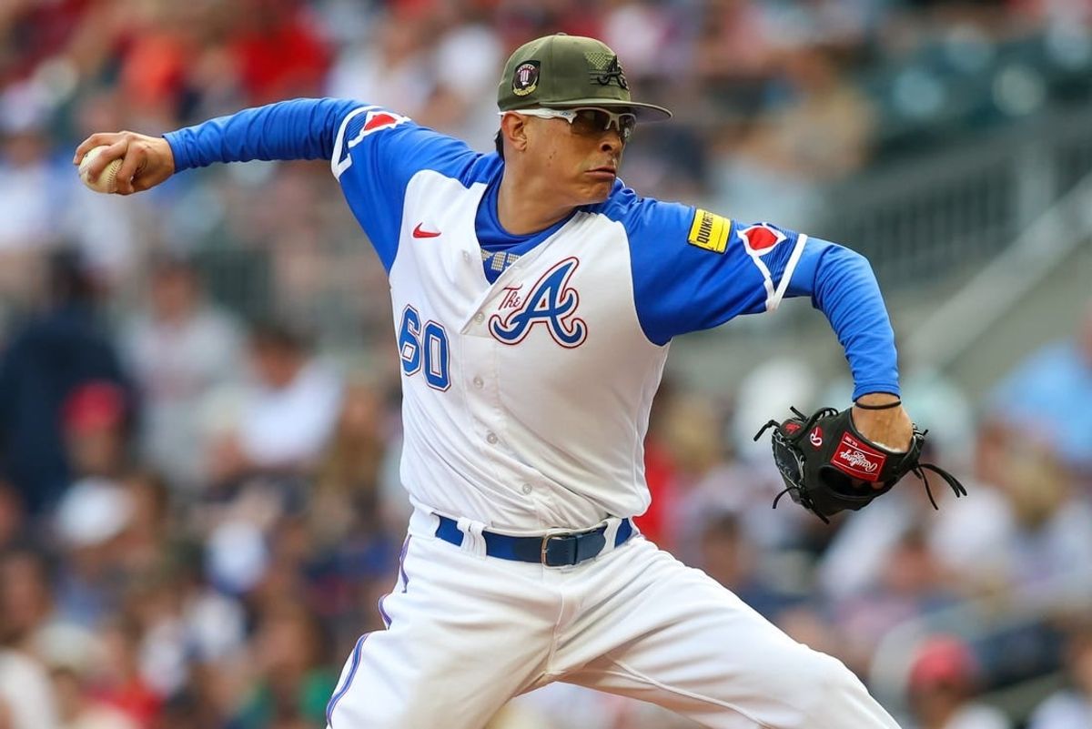 May 20, 2023; Atlanta, Georgia, USA; Atlanta Braves starting pitcher Jesse Chavez (60) throws against the Seattle Mariners in the first inning at Truist Park.