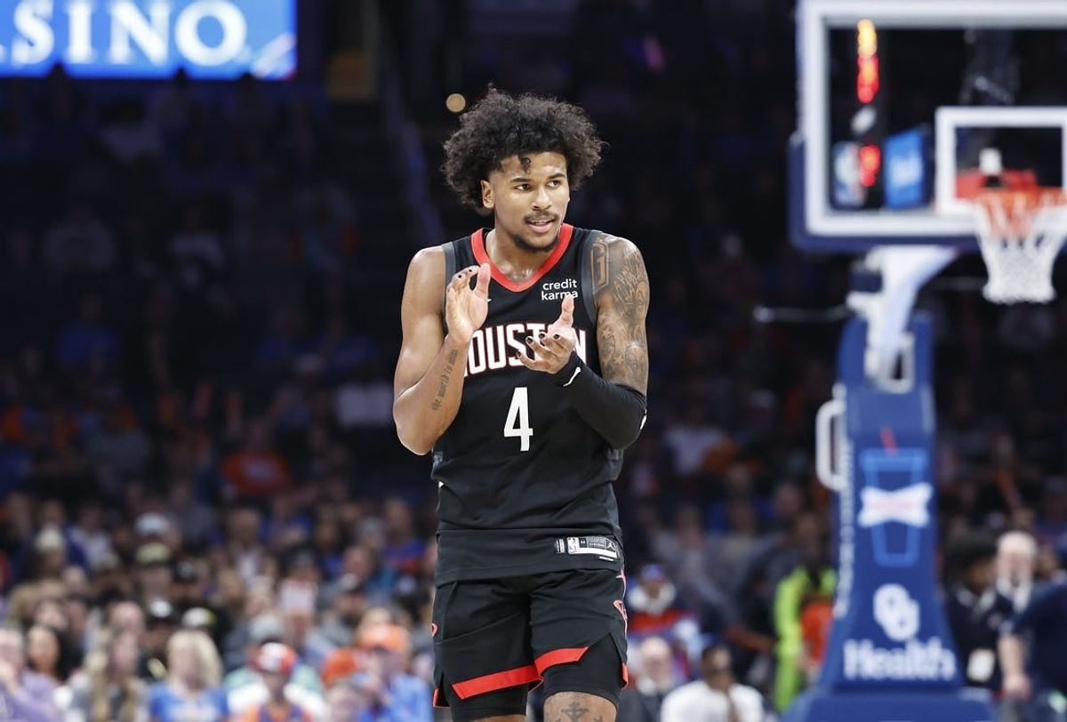 Mar 27, 2024; Oklahoma City, Oklahoma, USA; Houston Rockets guard Jalen Green (4) celebrates during a time out against the Oklahoma City Thunder in the second half at Paycom Center.