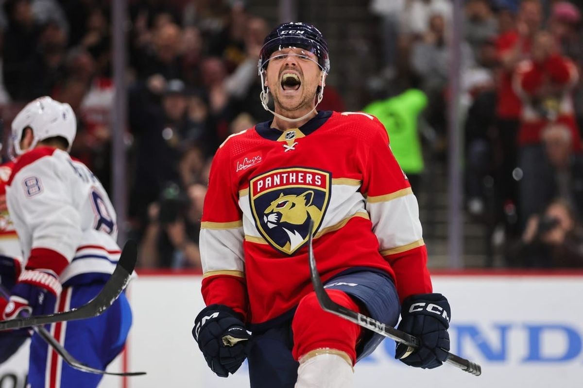 Feb 29, 2024; Sunrise, Florida, USA; Florida Panthers center Sam Reinhart (13) reacts after scoring against the Montreal Canadiens during the second period at Amerant Bank Arena.