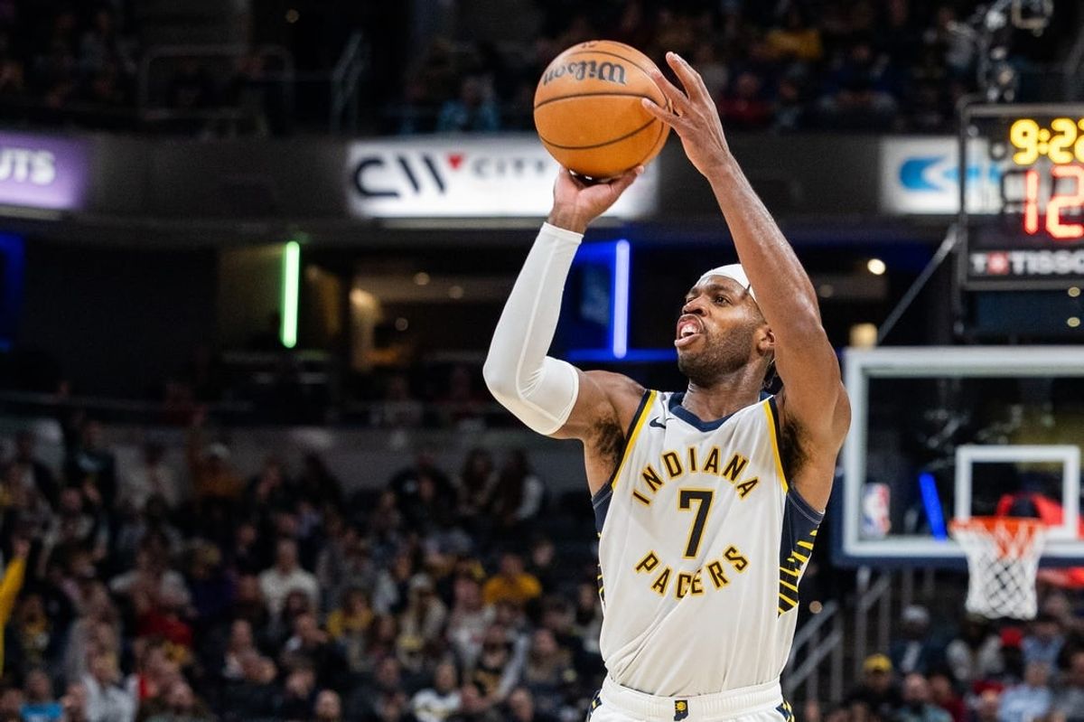 Nov 22, 2023; Indianapolis, Indiana, USA; Indiana Pacers guard Buddy Hield (7) shoots the ball in the second half against the Toronto Raptors at Gainbridge Fieldhouse.